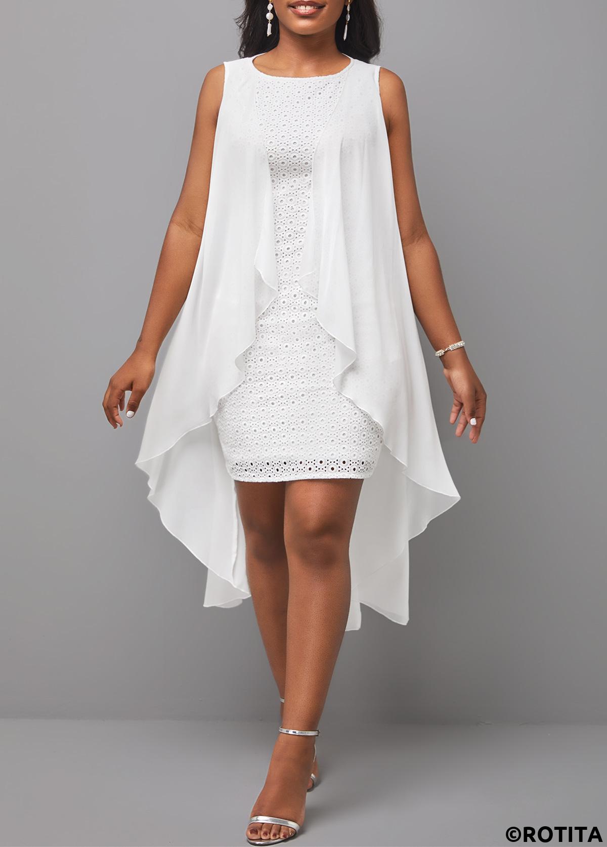 White dresses,Plain Color dresses,Party dresses,Elegant dresses,ROTITA White Round Neck Hollow Embroidered Sleeveless Dress