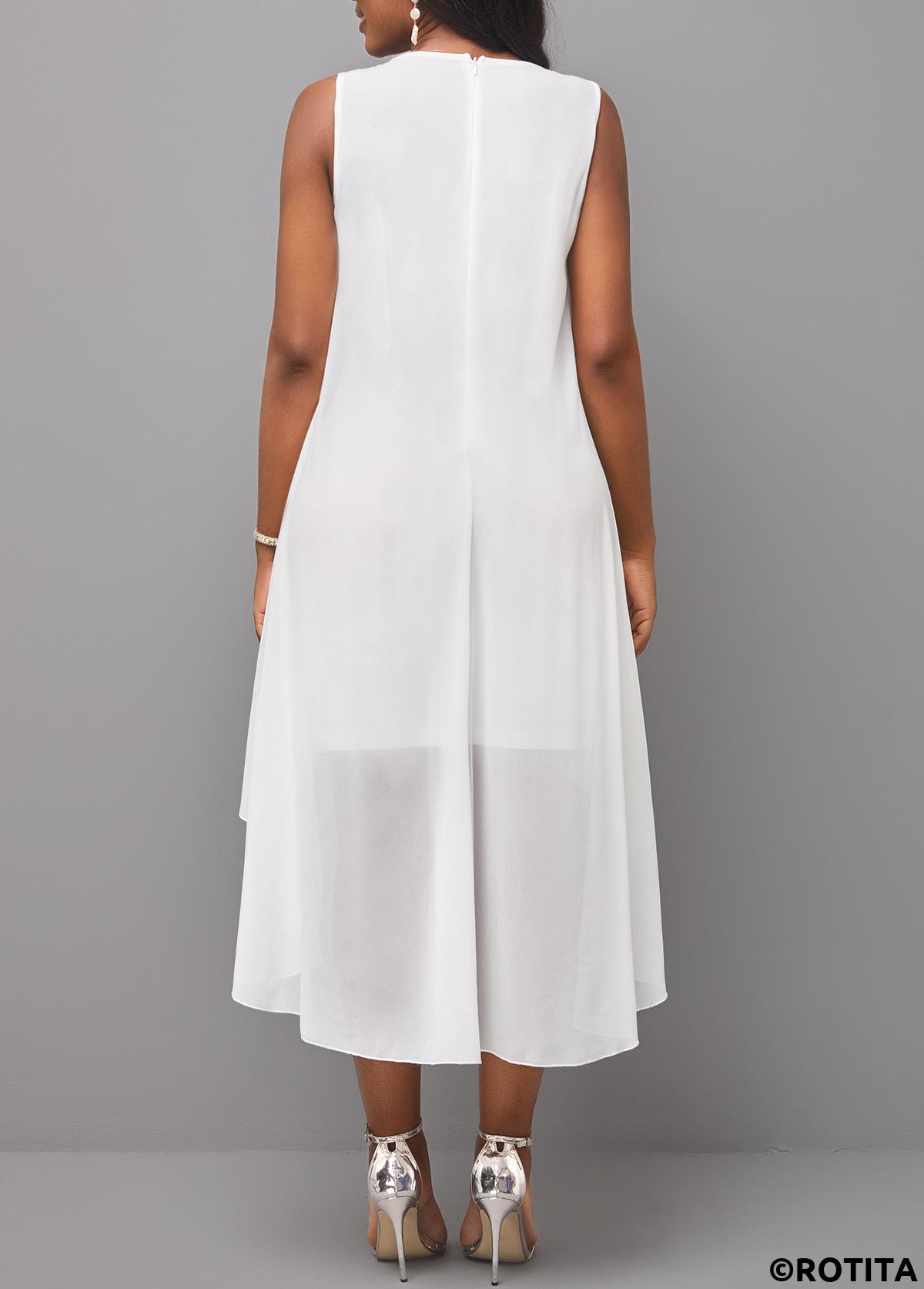 White dresses,Plain Color dresses,Party dresses,Elegant dresses,ROTITA Tummy Control White High Low Round Neck Bodycon Dress