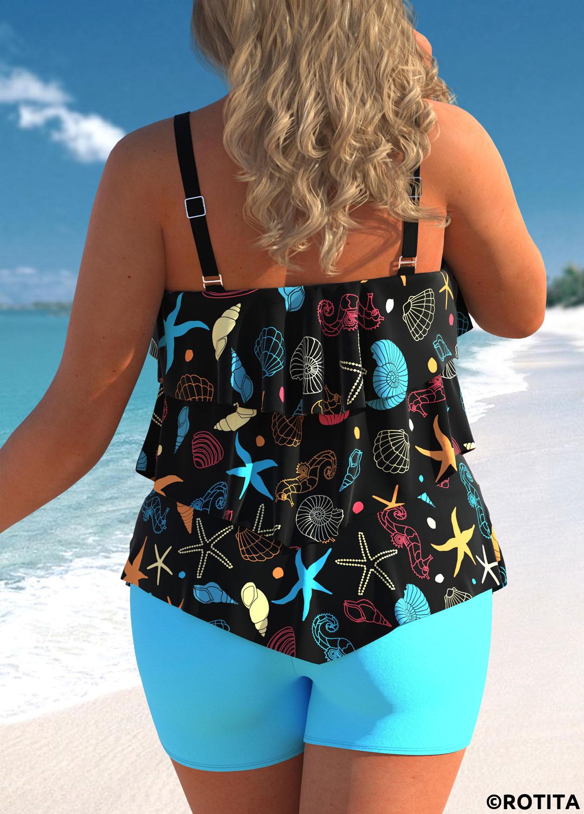 Animal Print plus size,ROTITA Marine Life Print Plus Size Layered Hem Tankini Set