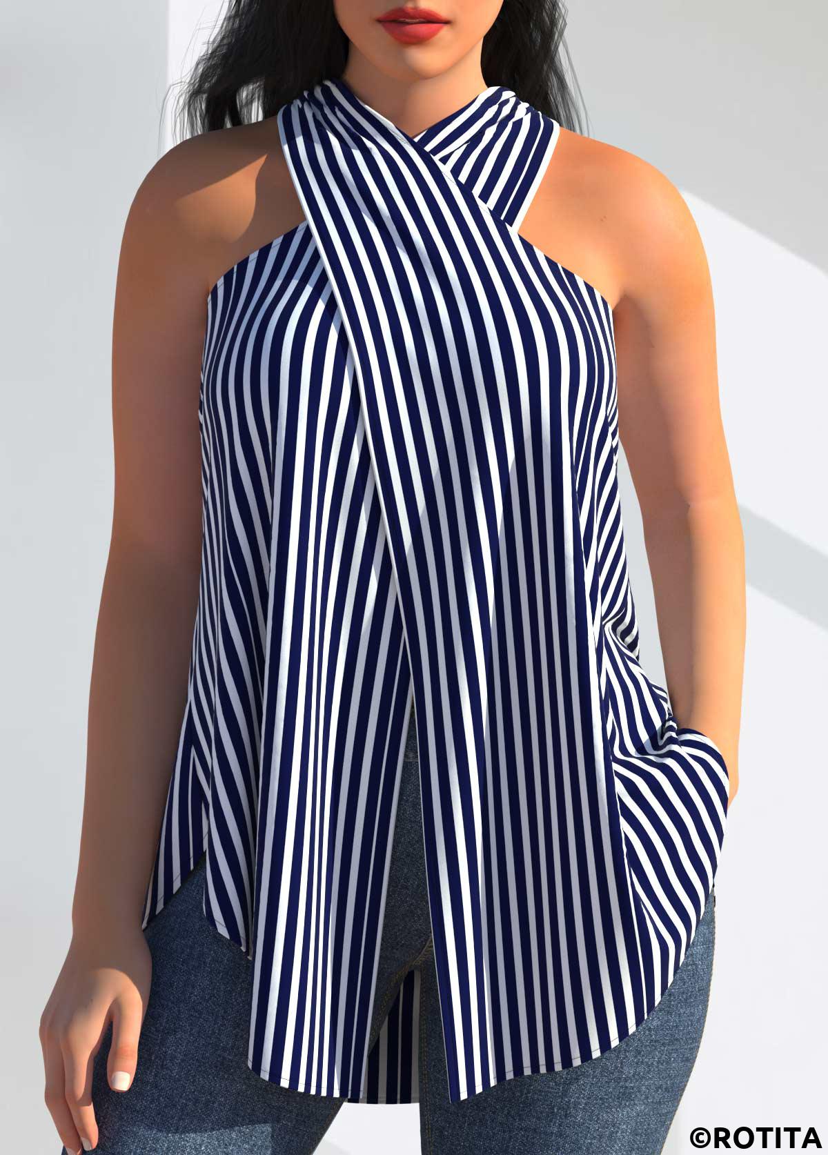 ROTITA Striped Cross Front Navy Blue Halter Tank Top
