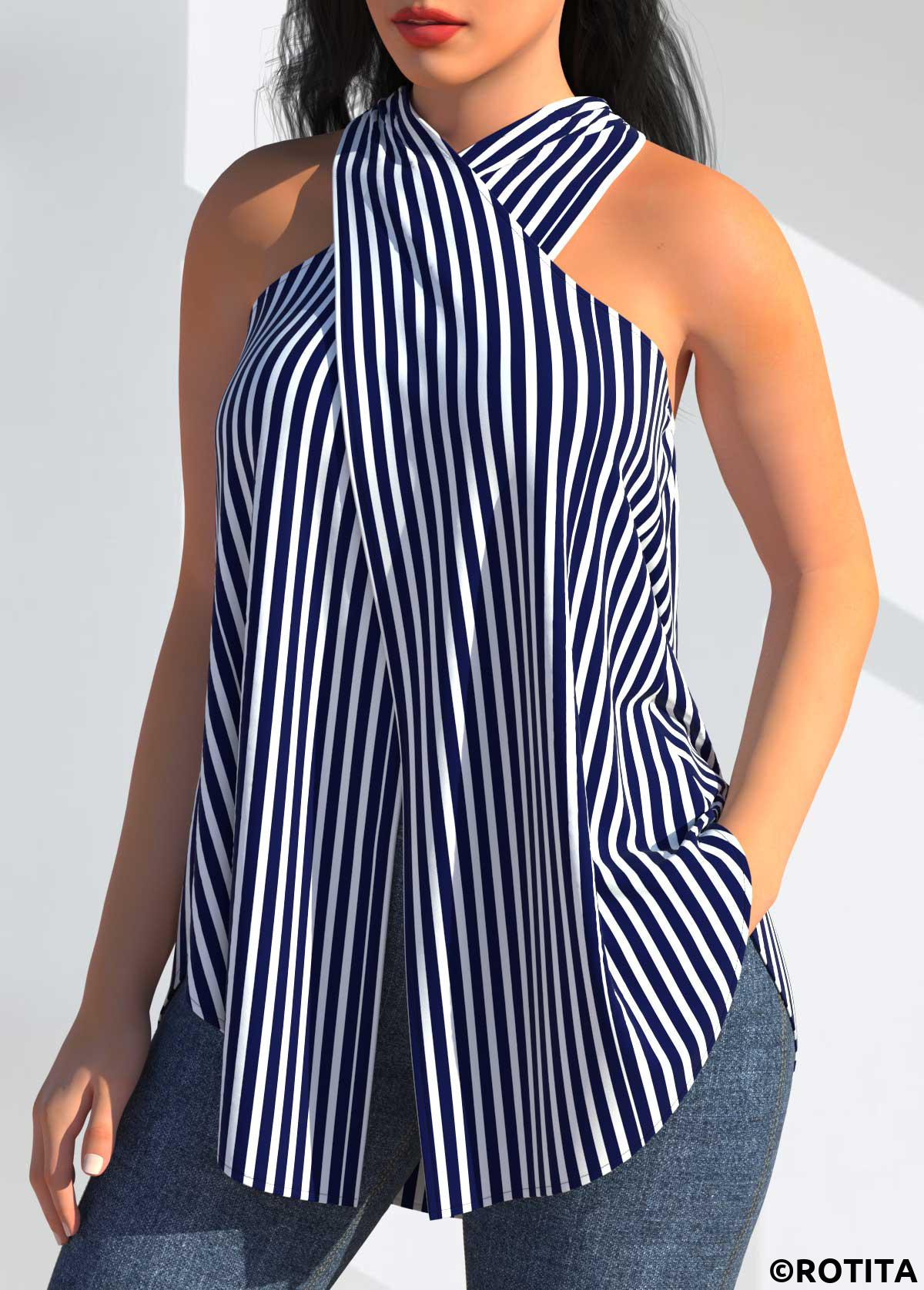 ROTITA Striped Cross Front Navy Blue Halter Tank Top