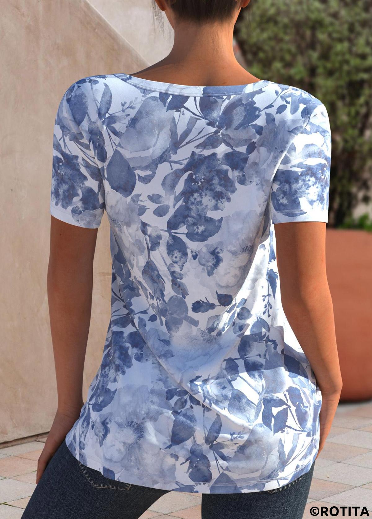 Dusty Blue tops,Floral tops,ROTITA Floral Tie Dye Print Dusty Blue Cutout T Shirt