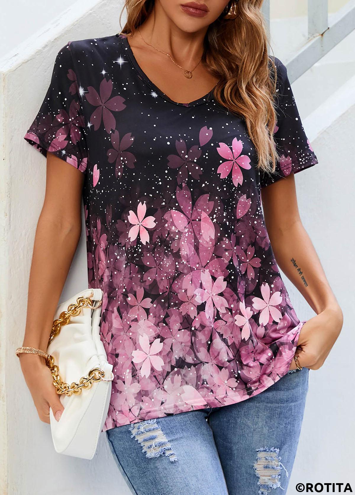 Pink tops,Floral tops,Floral Print V Neck Pink T Shirt