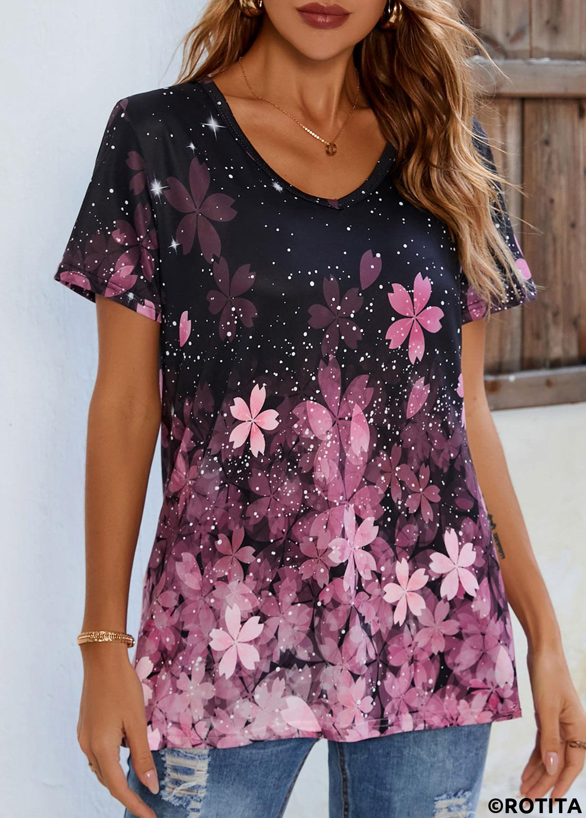 Pink tops,Floral tops,Floral Print V Neck Pink T Shirt