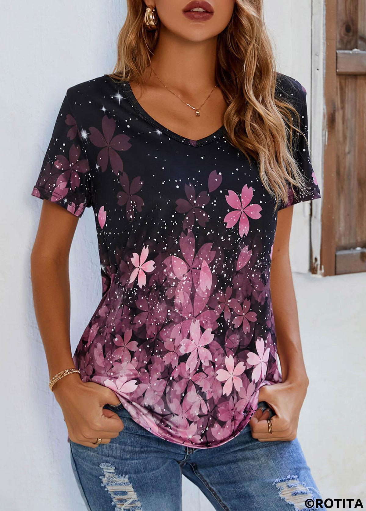 Pink tops,Floral tops,Floral Print V Neck Pink T Shirt