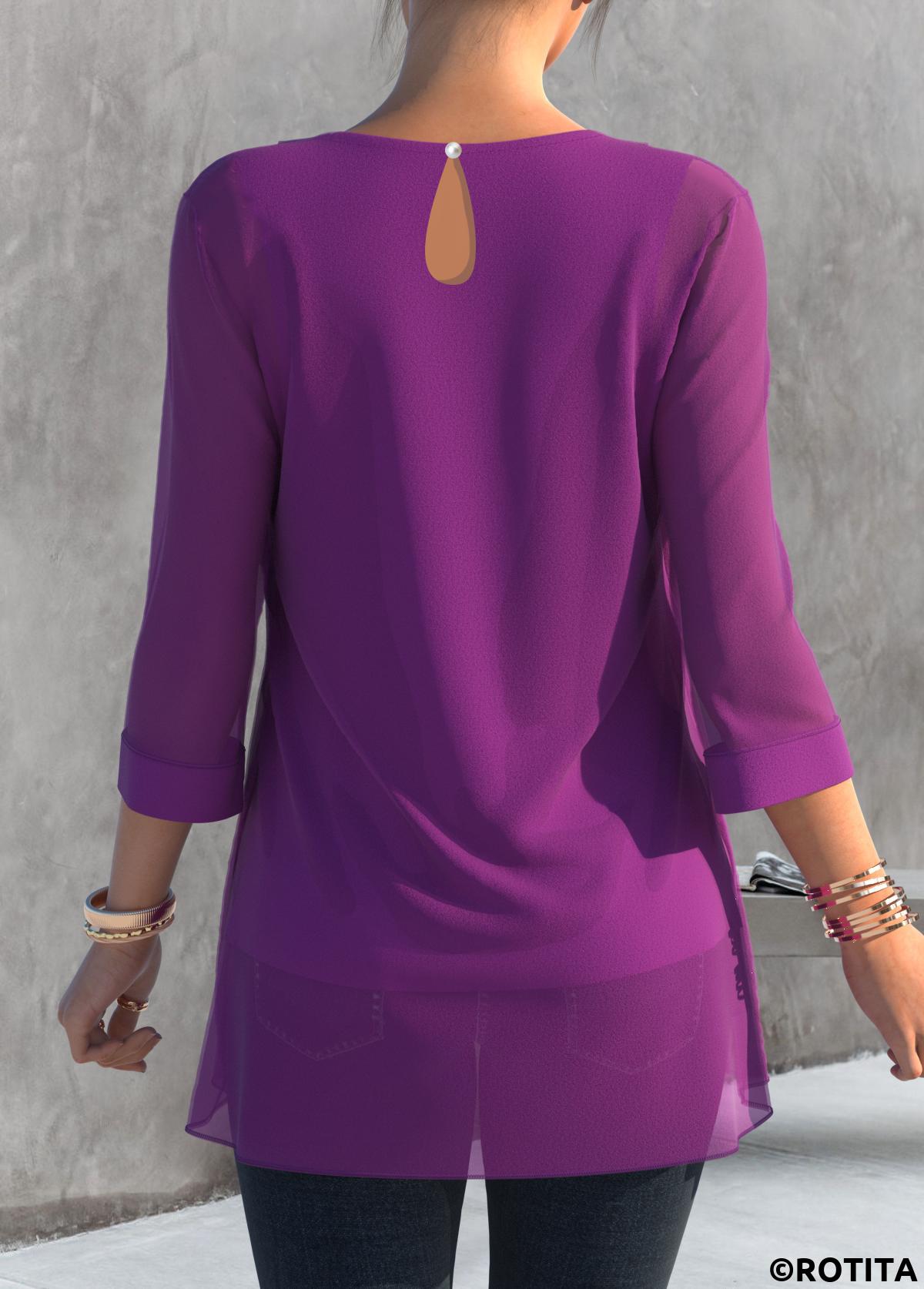 Purple tops,Plain Color tops,ROTITA Embellished Neck 3/4 Sleeve Purple T Shirt
