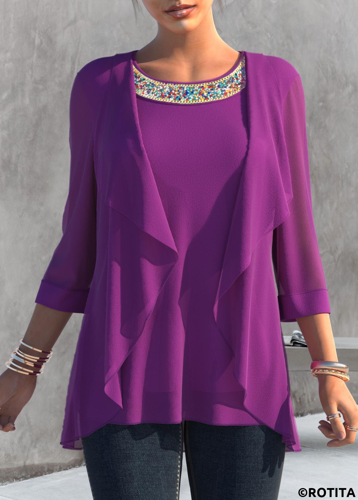 Purple tops,Plain Color tops,ROTITA Embellished Neck 3/4 Sleeve Purple T Shirt