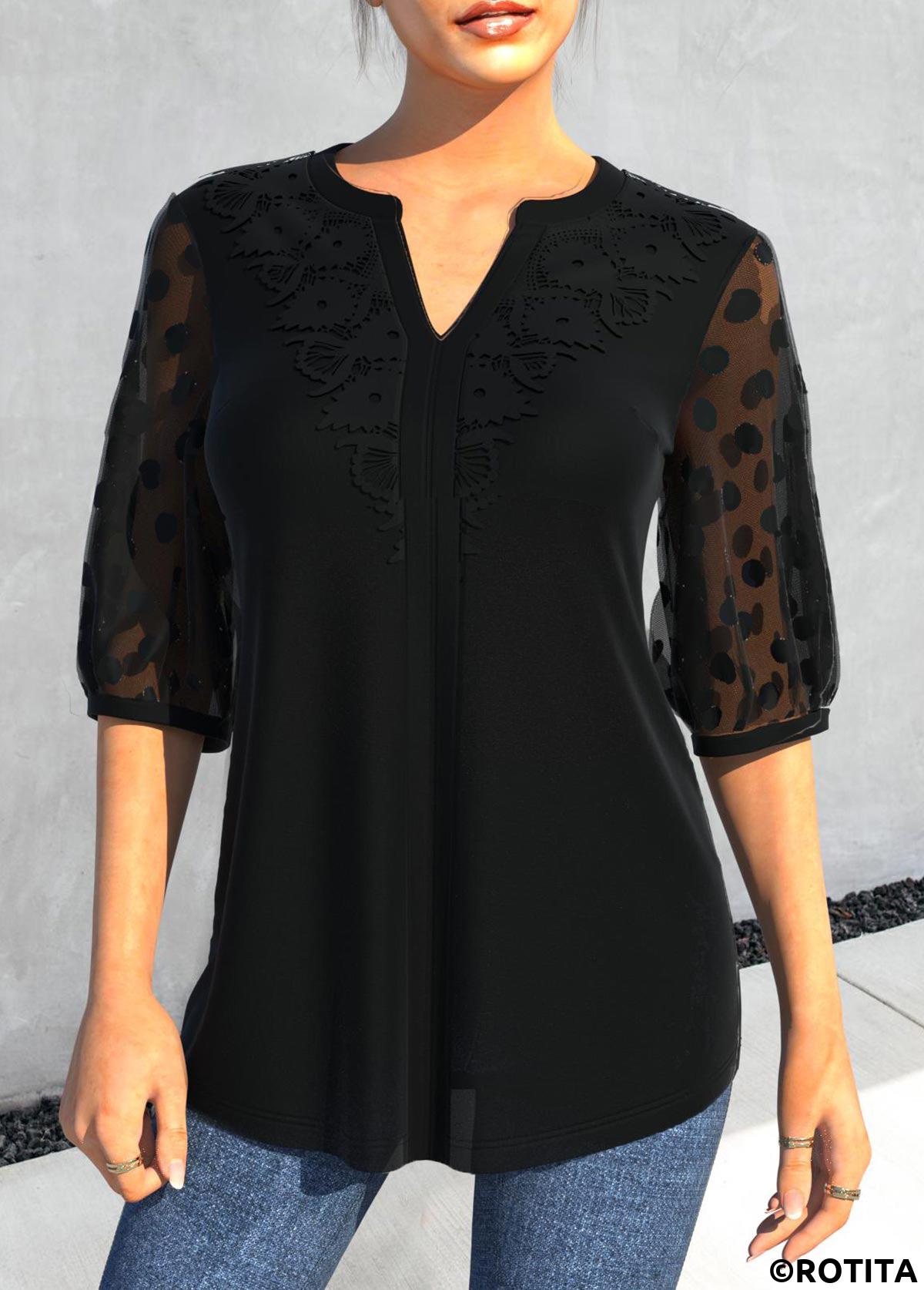 Black tops,Plain Color tops,ROTITA Lace Patchwork Mesh Stitching Black Blouse