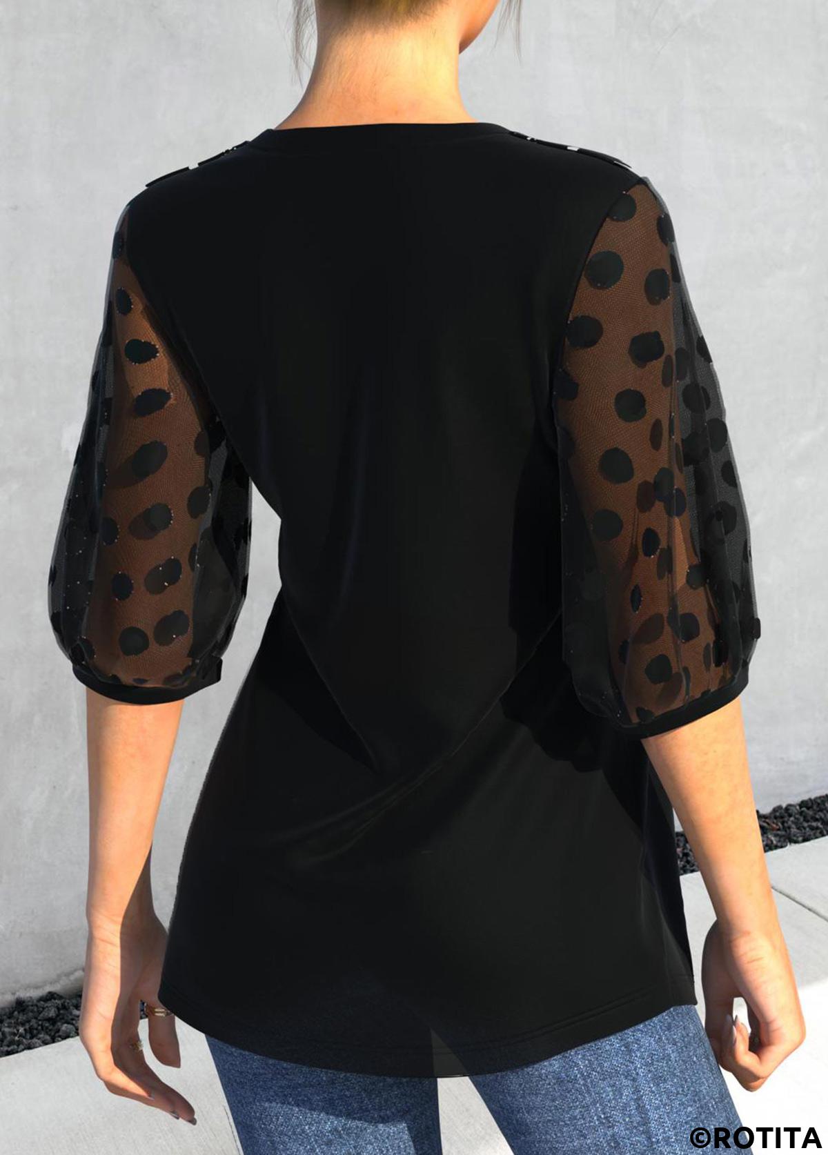 Black tops,Plain Color tops,ROTITA Lace Patchwork Mesh Stitching Black Blouse
