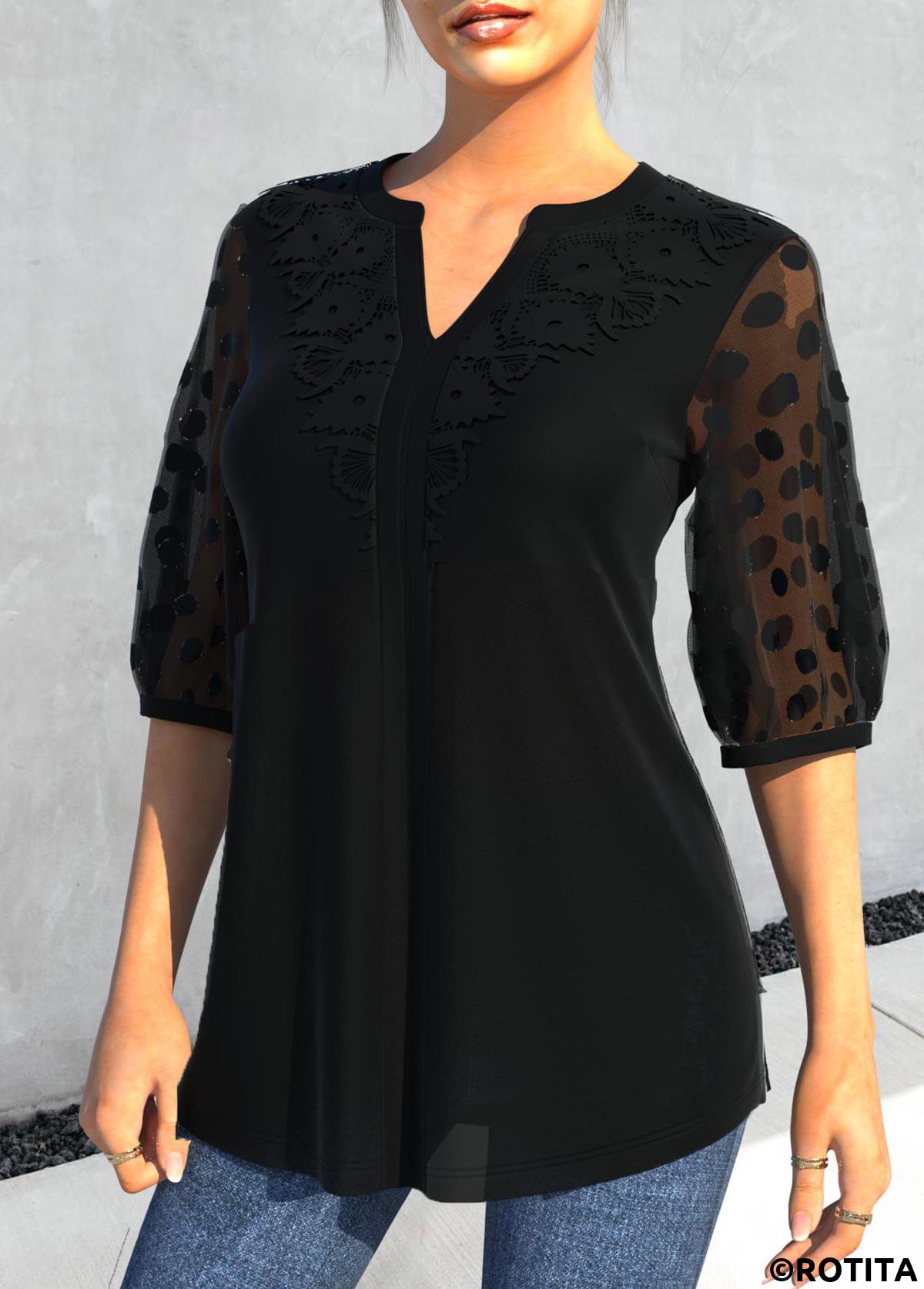 Black tops,Plain Color tops,ROTITA Lace Patchwork Mesh Stitching Black Blouse