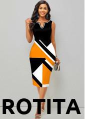 Black dresses,Geometric dresses,Party dresses,Elegant dresses,Split Neck Geometric Print Black Dress