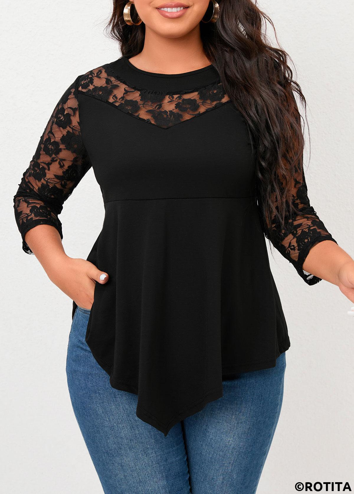 Black tops,Plain Color tops,Asymmetry Black Round Neck 3/4 Sleeve Blouse