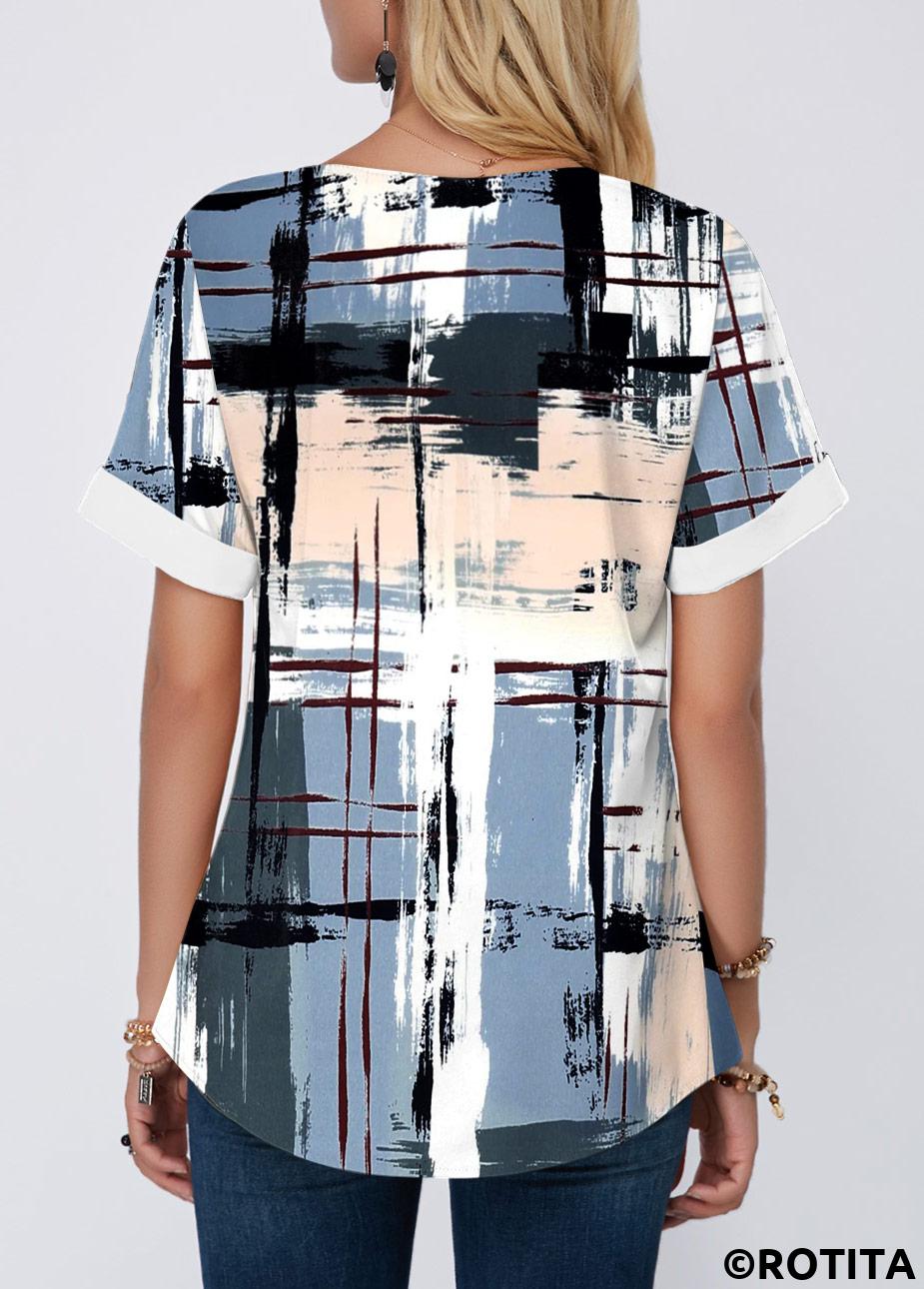 Multi Color tops,Geometric tops,ROTITA Contrast Binding Geometric Print Multi Color Split Neck Blouse
