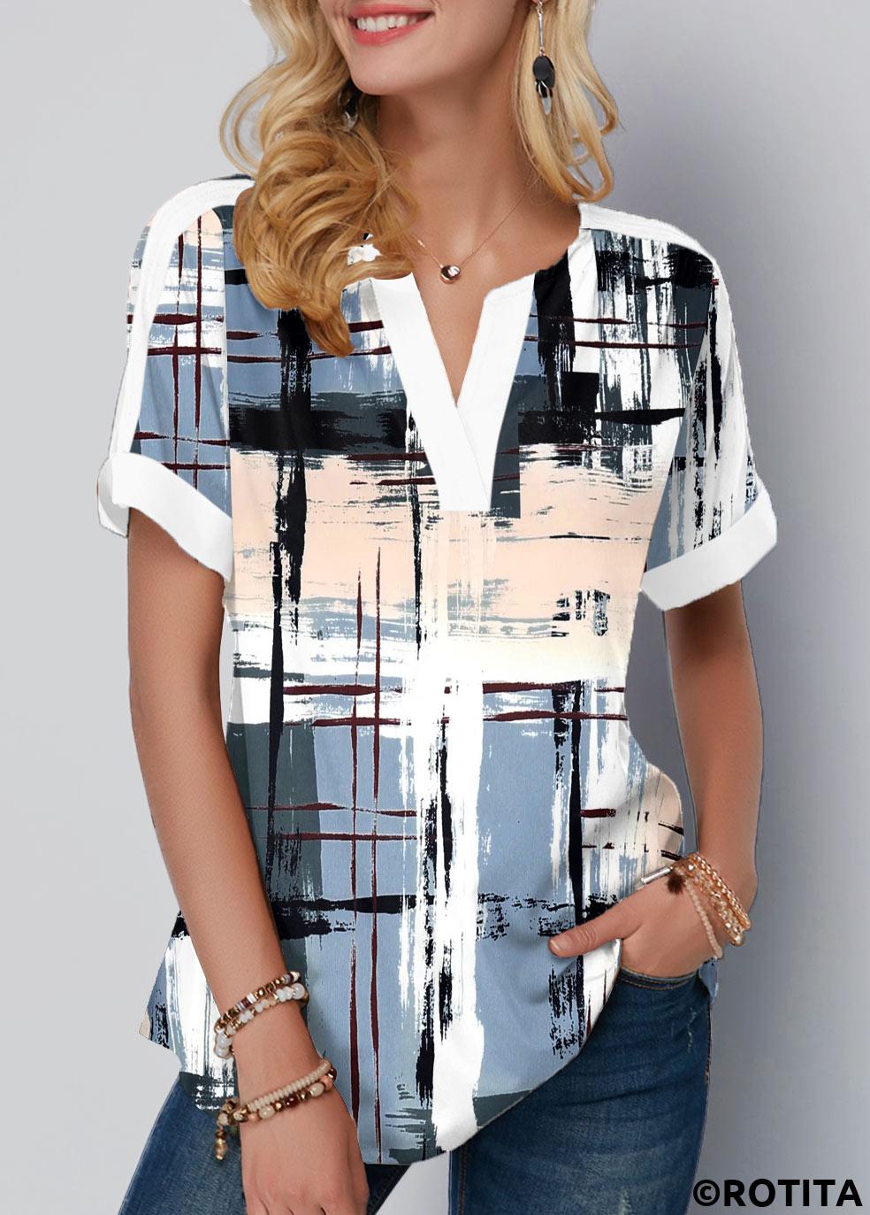 Multi Color tops,Geometric tops,ROTITA Contrast Binding Geometric Print Multi Color Split Neck Blouse