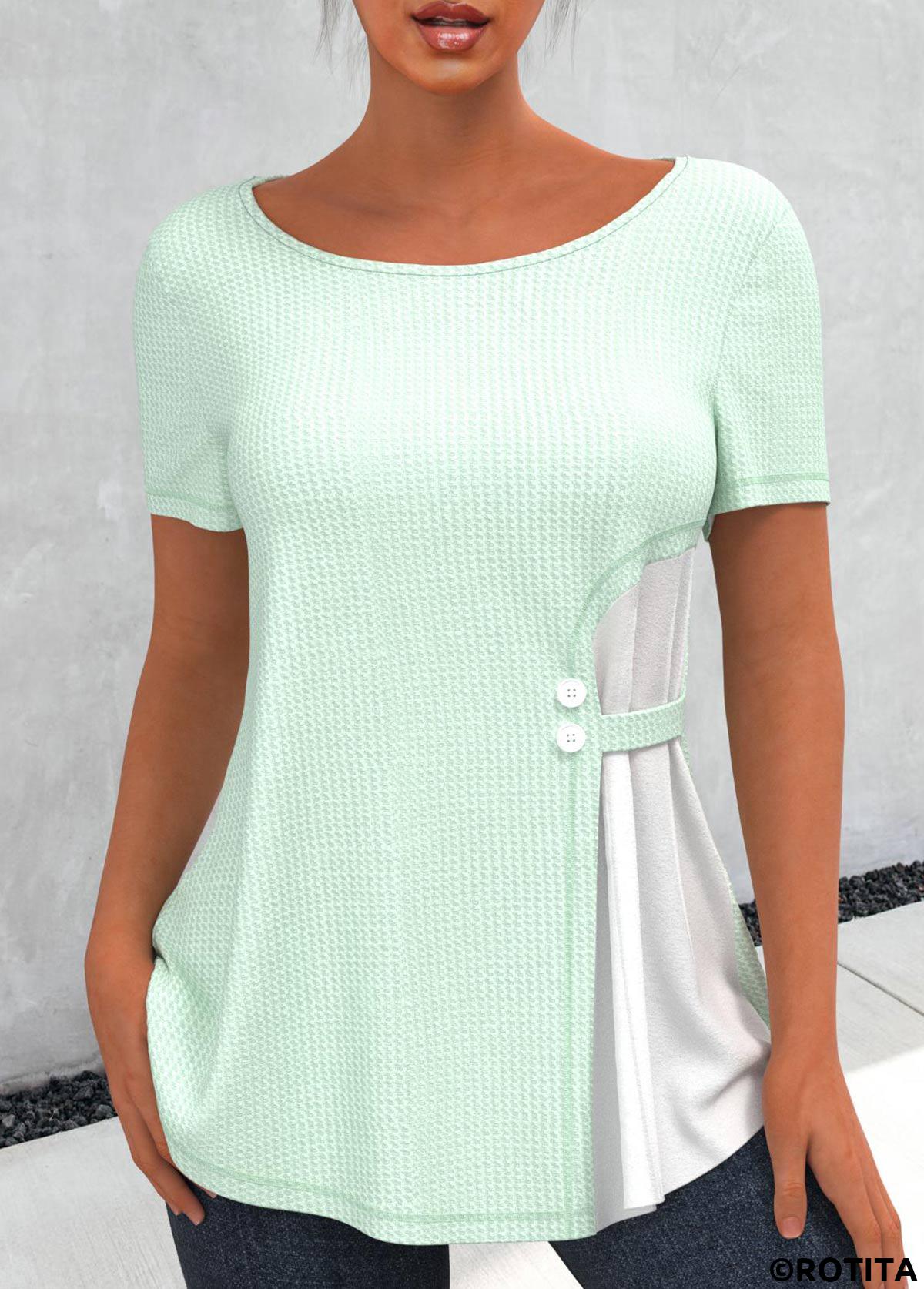 Light Green tops,Plain Color tops,ROTITA Light Green Waffle Knit Chiffon Panel T Shirt