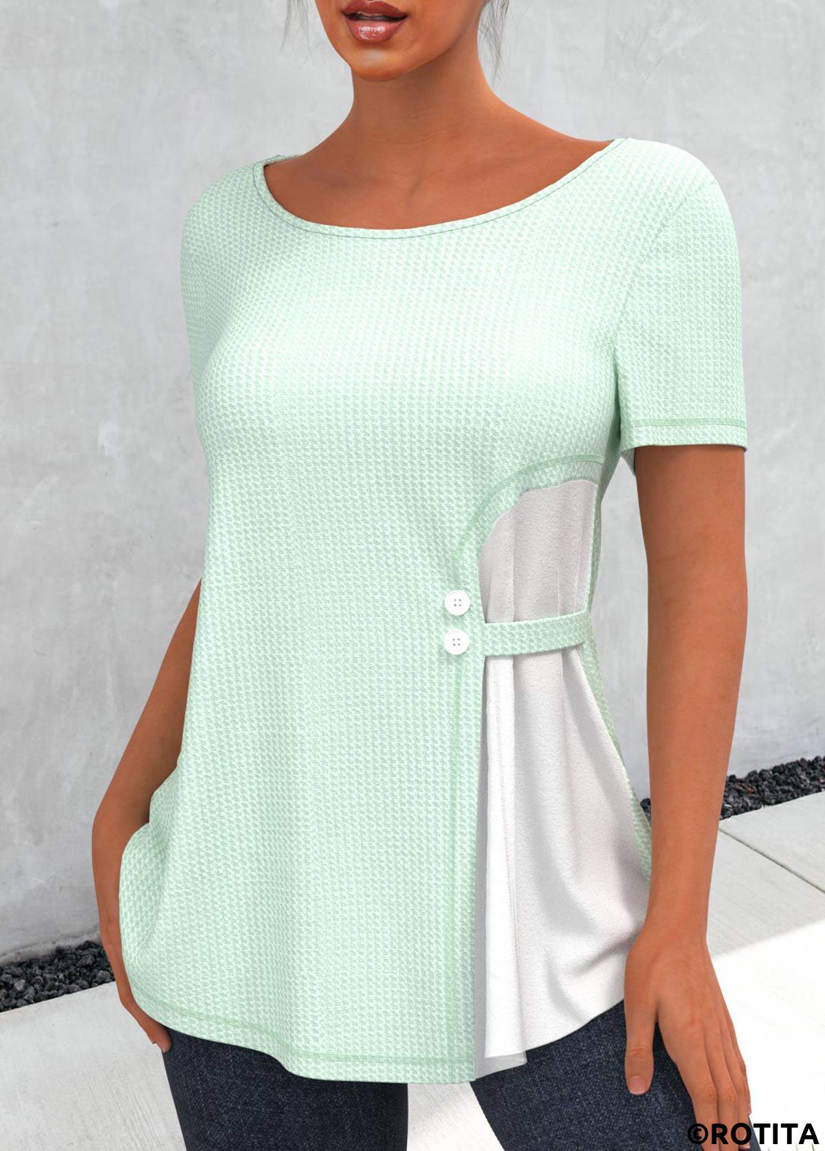 Light Green tops,Plain Color tops,ROTITA Light Green Waffle Knit Chiffon Panel T Shirt