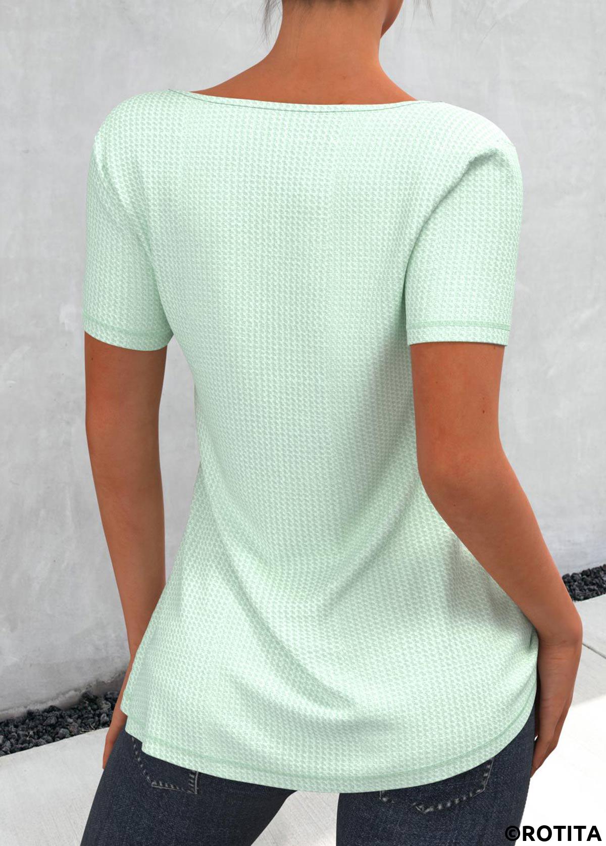 Light Green tops,Plain Color tops,ROTITA Light Green Waffle Knit Chiffon Panel T Shirt
