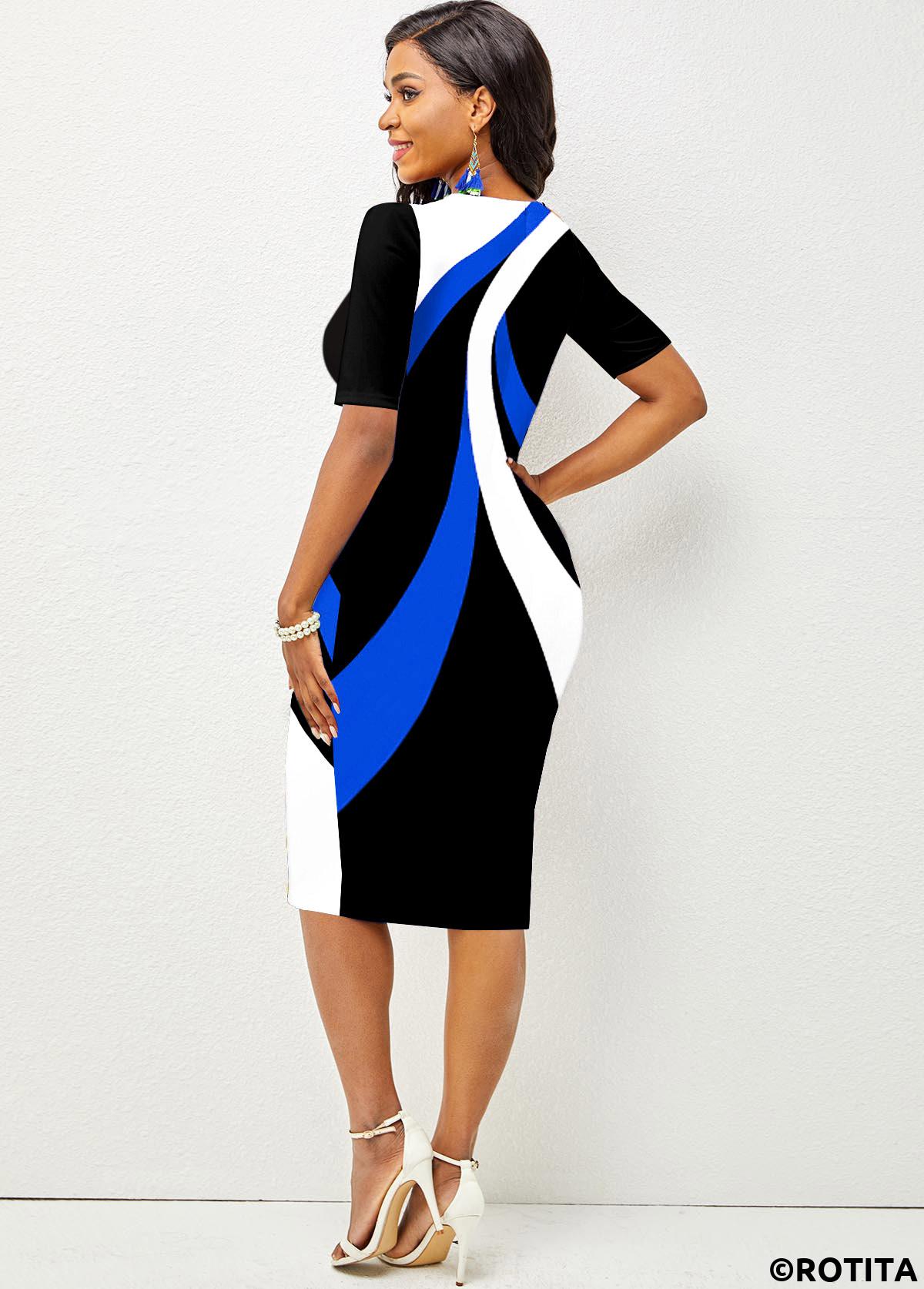 Black Round Neck Contrast Short Sleeve Dress