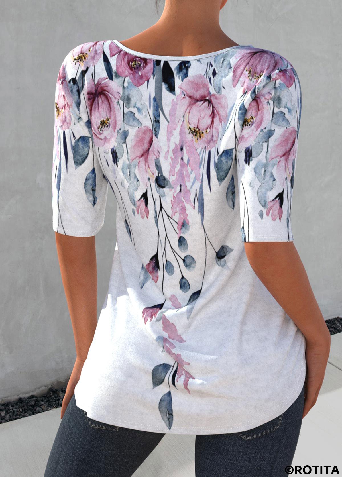 Light Grey tops,Floral tops,ROTITA Decorative Button Petal Hem Floral Print T Shirt