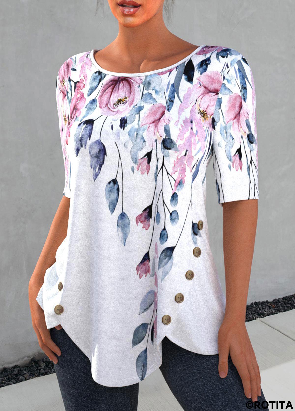 Light Grey tops,Floral tops,ROTITA Decorative Button Petal Hem Floral Print T Shirt