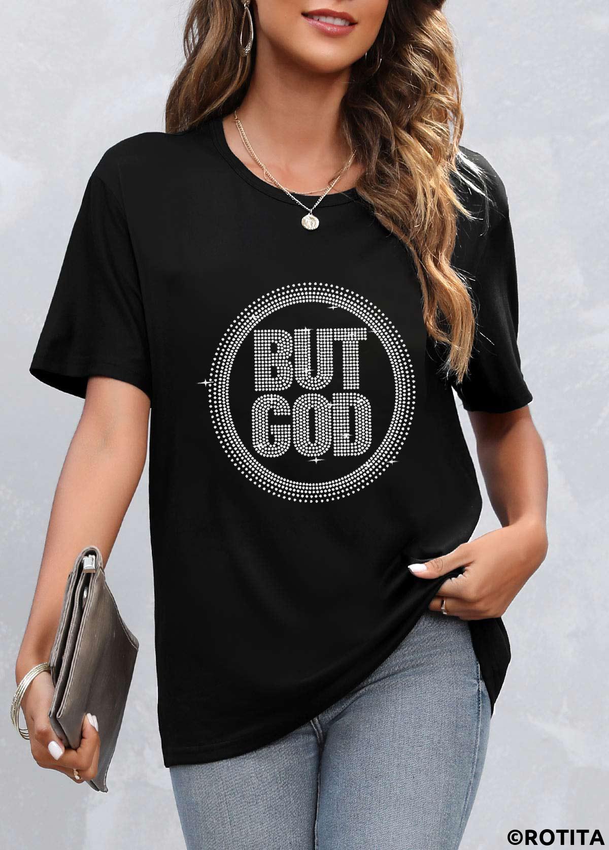 Black tops,Letter tops,Black Hot Stamping Letter Round Neck T Shirt