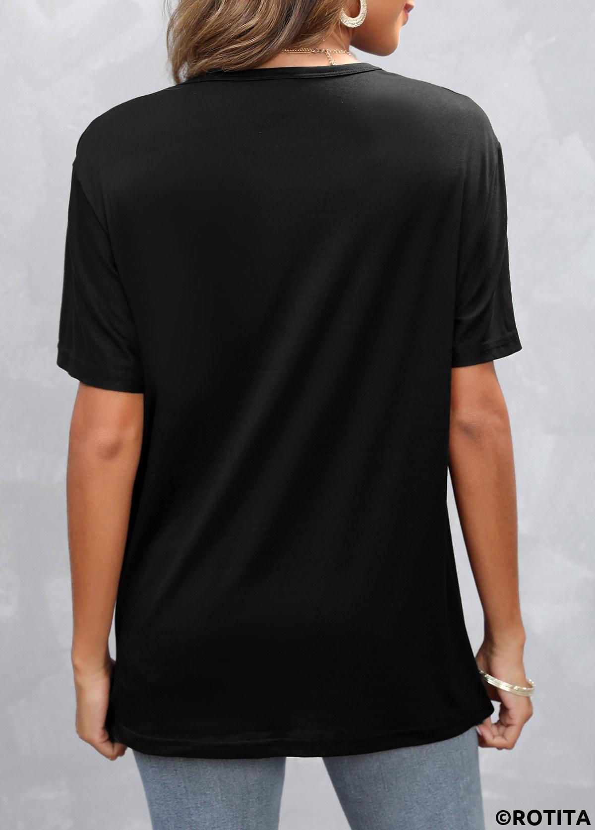 Black tops,Letter tops,Black Hot Stamping Letter Round Neck T Shirt