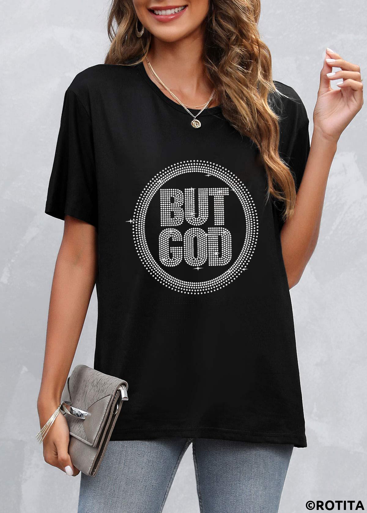 Black tops,Letter tops,Black Hot Stamping Letter Round Neck T Shirt