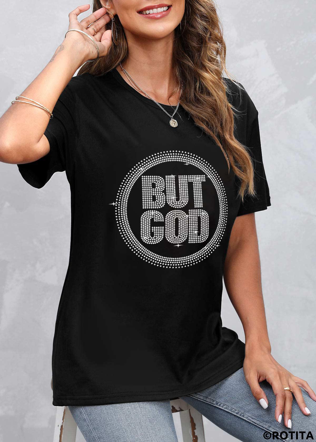 Black tops,Letter tops,Black Hot Stamping Letter Round Neck T Shirt