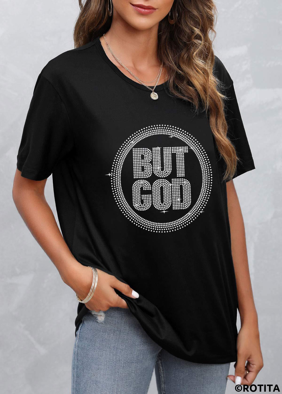 Black tops,Letter tops,Black Hot Stamping Letter Round Neck T Shirt