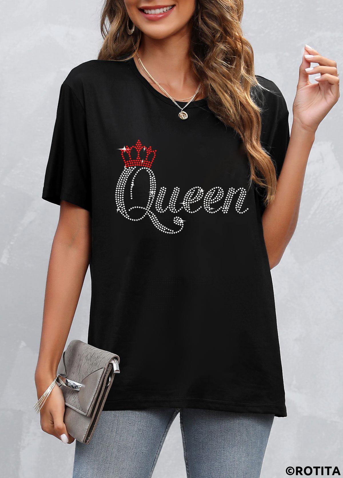 Black tops,Letter tops,Hot Stamping Letter Round Neck Black T Shirt
