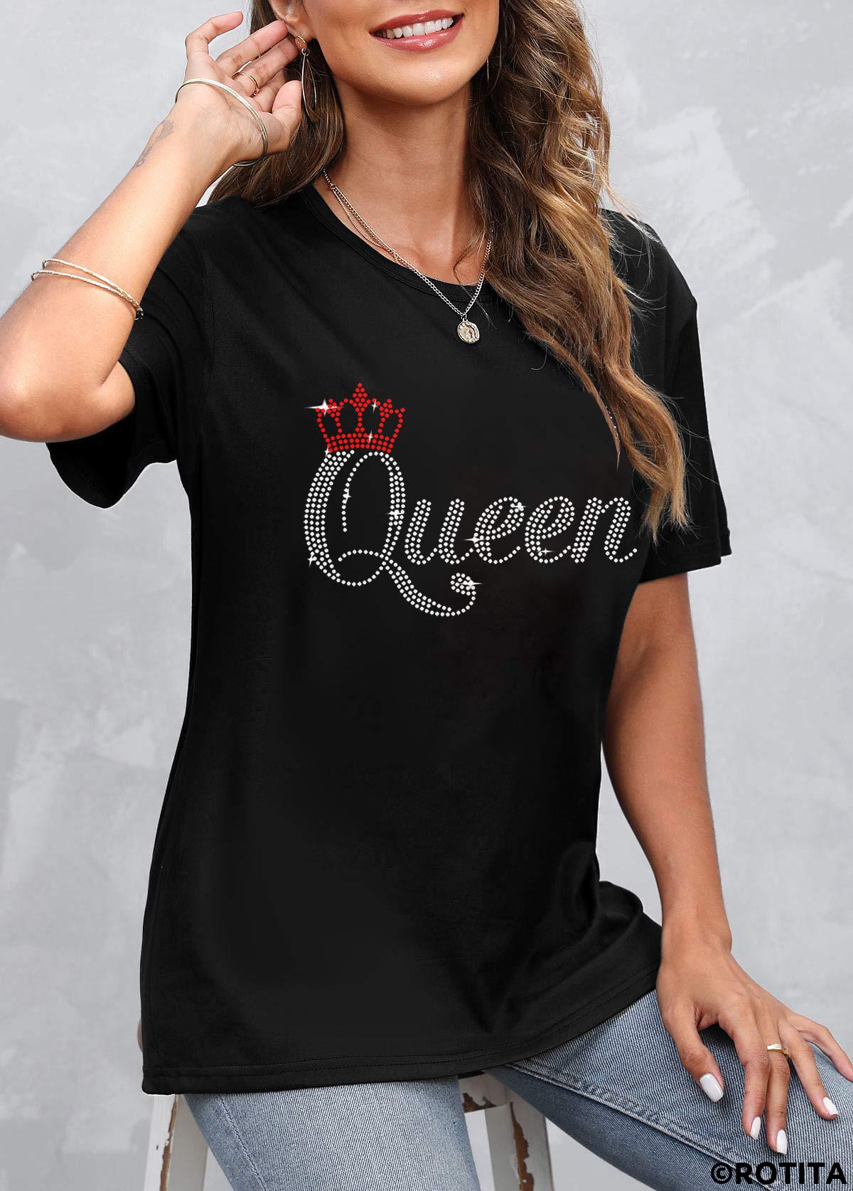 Black tops,Letter tops,Hot Stamping Letter Round Neck Black T Shirt