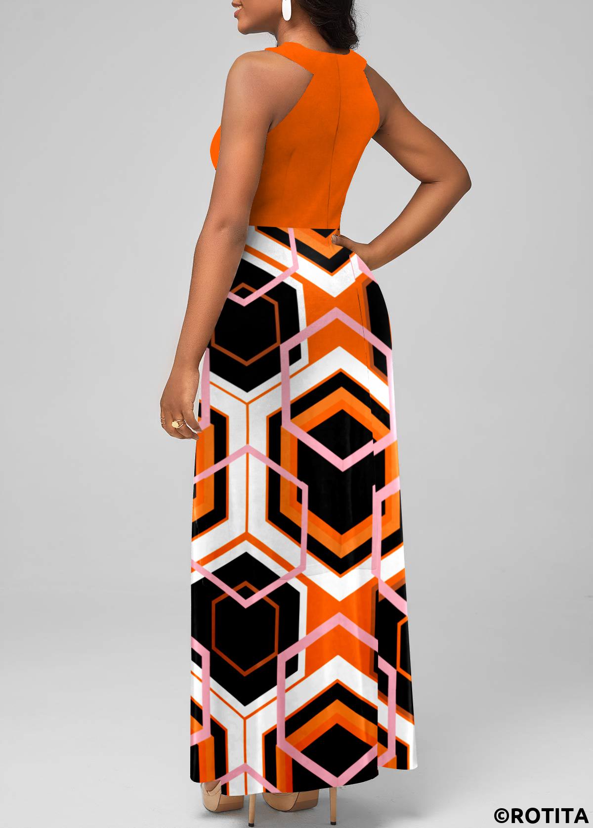 Orange dresses,Geometric dresses,Party dresses,Elegant dresses,Halter Orange Geometric Print Maxi Dress