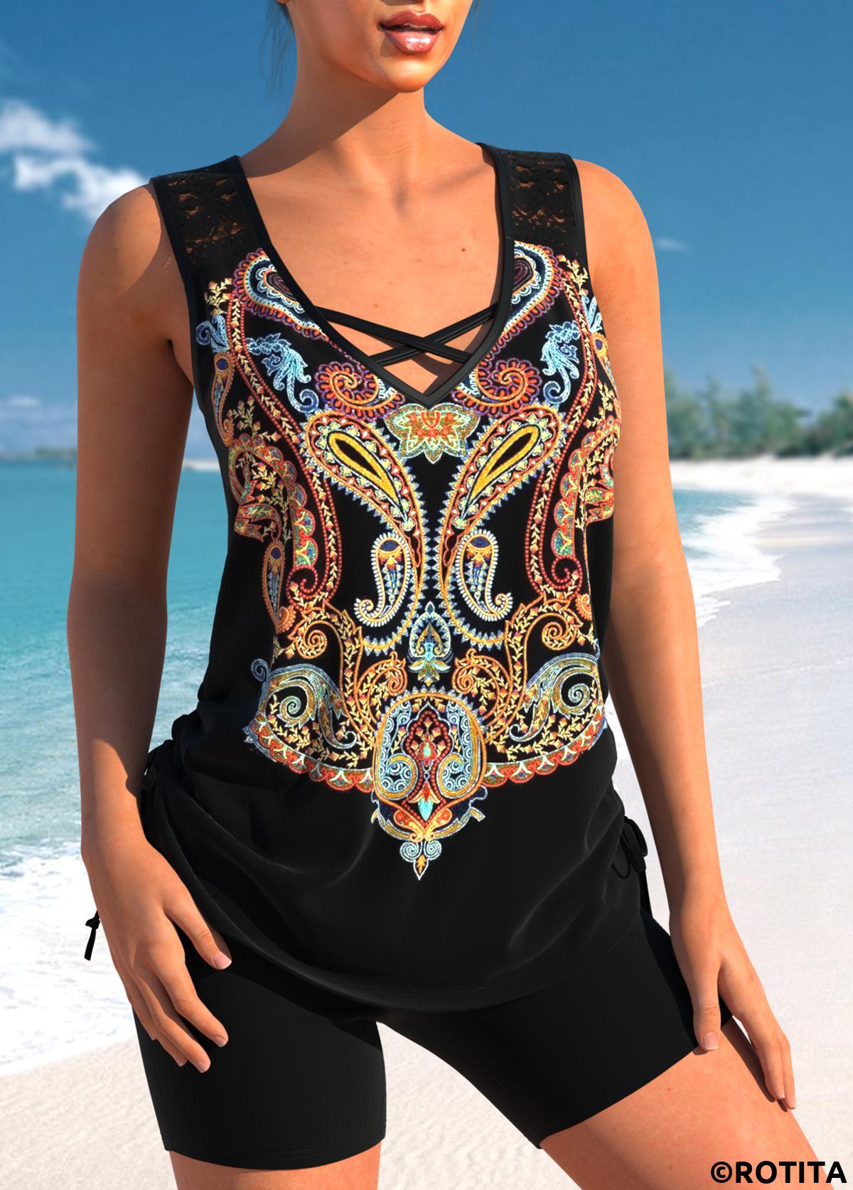 Black swimwear,Tribal swimwear,ROTITA Paisley Print Lace Stitching Black Tankini Top