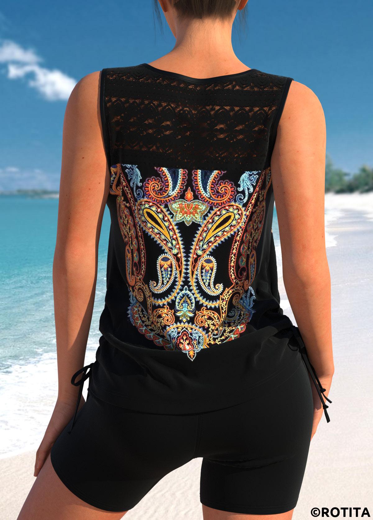 Black swimwear,Tribal swimwear,ROTITA Paisley Print Lace Stitching Black Tankini Top