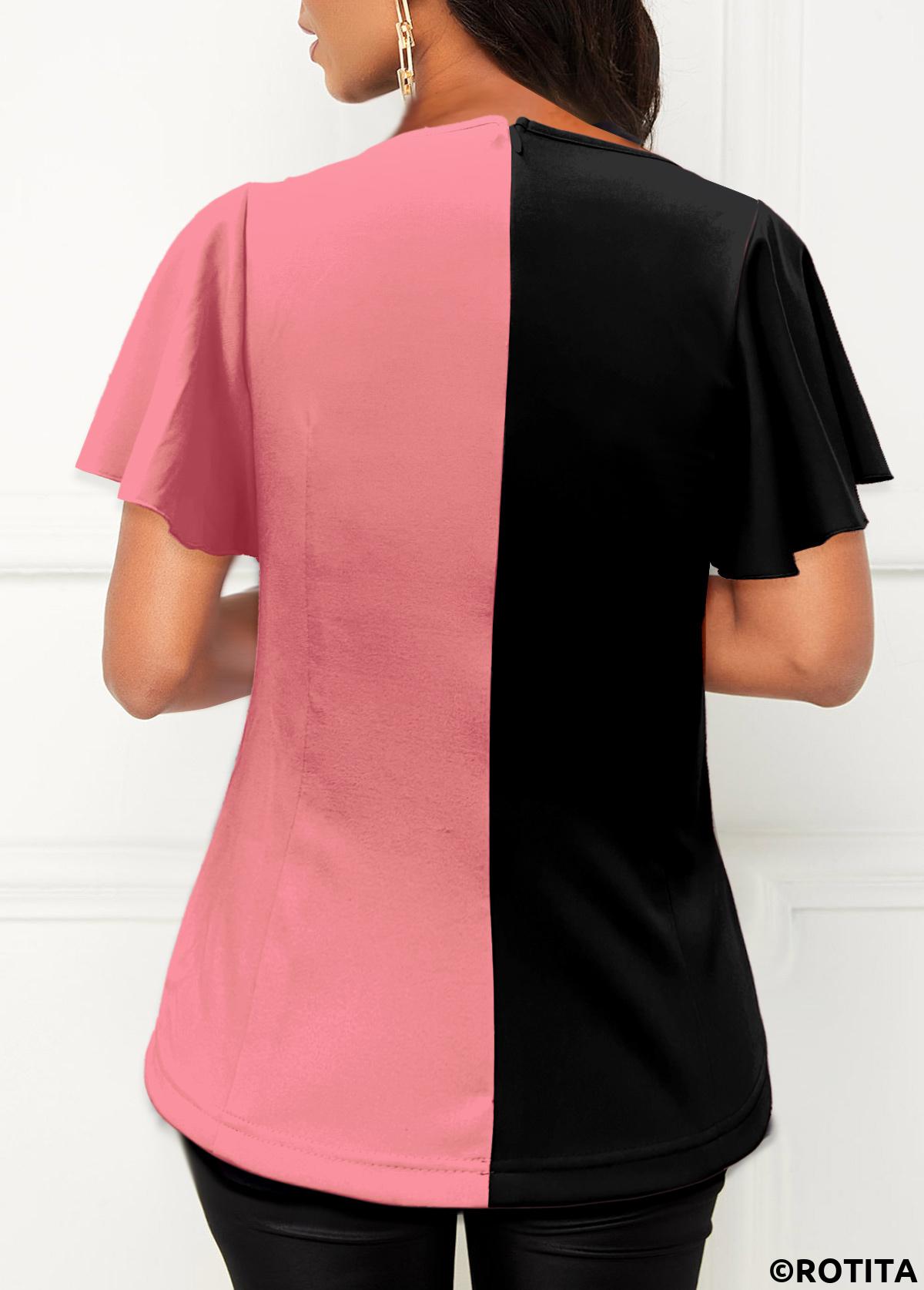 Pink tops,Plain Color tops,ROTITA Side Slit Contrast Pink T Shirt