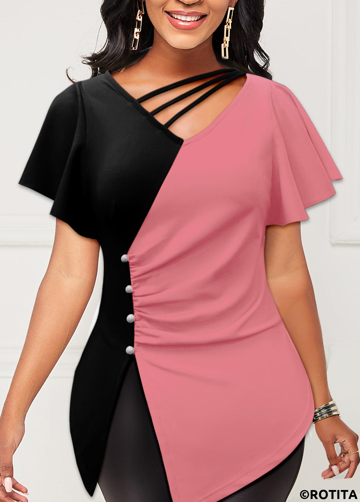 Pink tops,Plain Color tops,ROTITA Side Slit Contrast Pink T Shirt