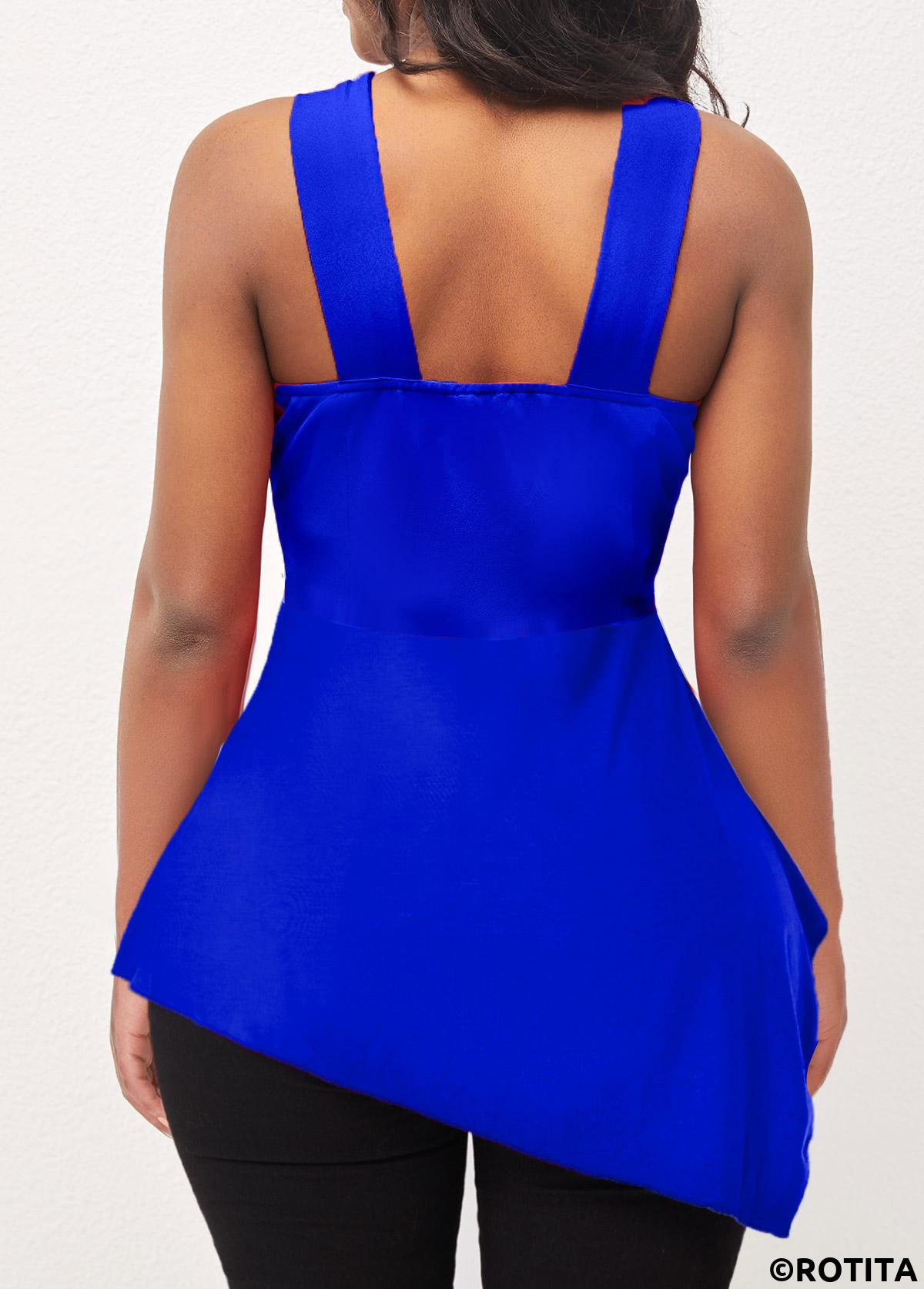 Royal Blue tops,Plain Color tops,ROTITA Royal Blue Cross Strap Asymmetric Hem Tank Top
