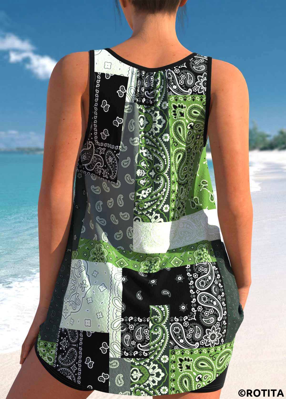 Blackish Green swimwear,Paisley swimwear,ROTITA Bowknot Paisley Print Blackish Green Tankini Top