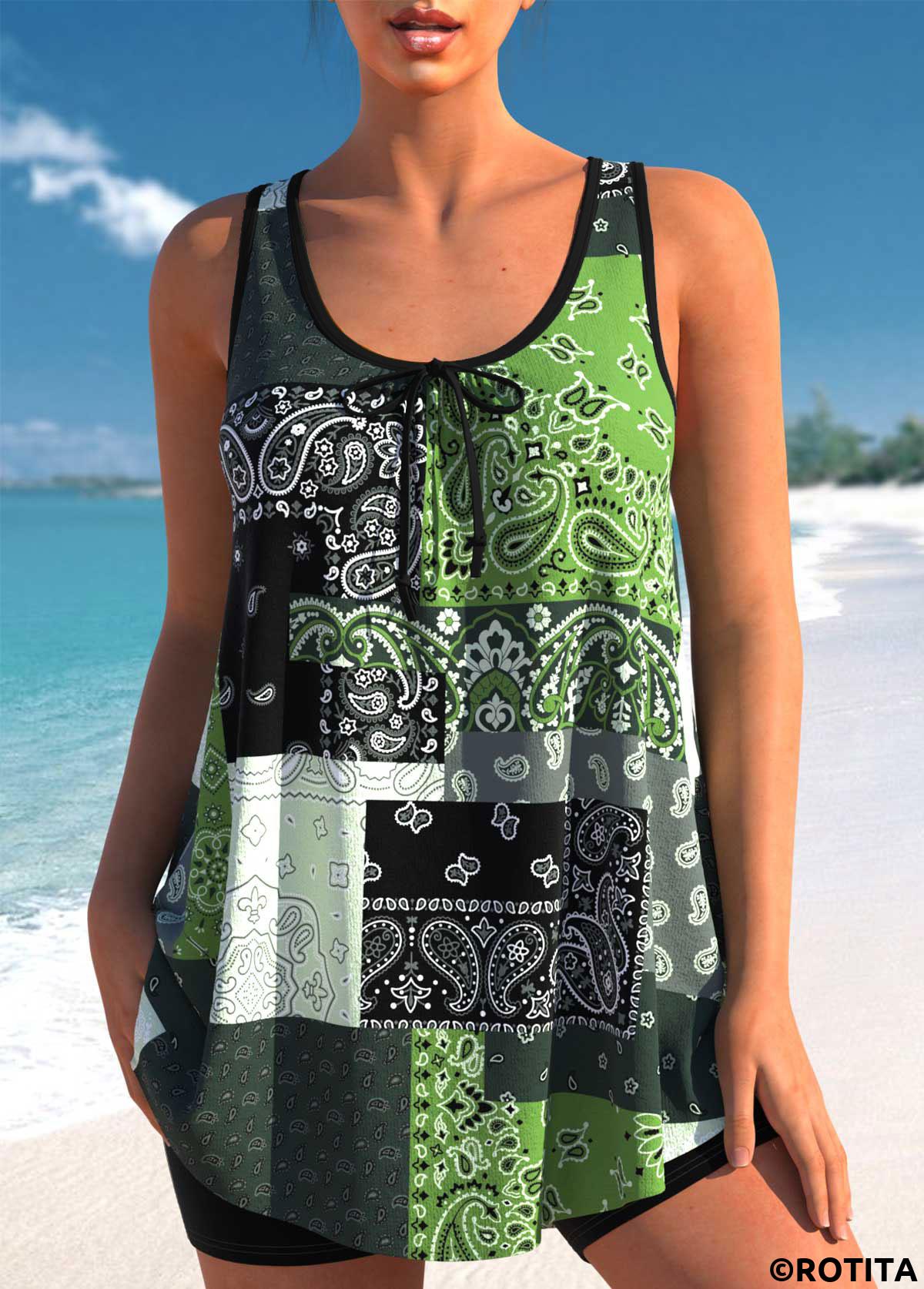 Blackish Green swimwear,Paisley swimwear,ROTITA Bowknot Paisley Print Blackish Green Tankini Top