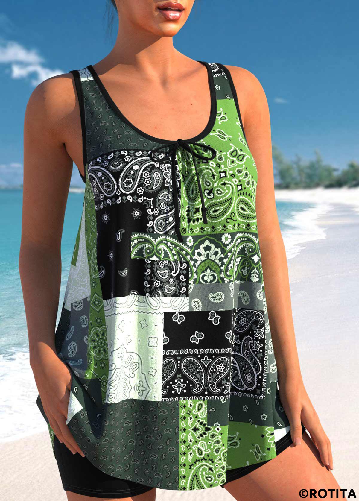 Blackish Green swimwear,Paisley swimwear,ROTITA Bowknot Paisley Print Blackish Green Tankini Top