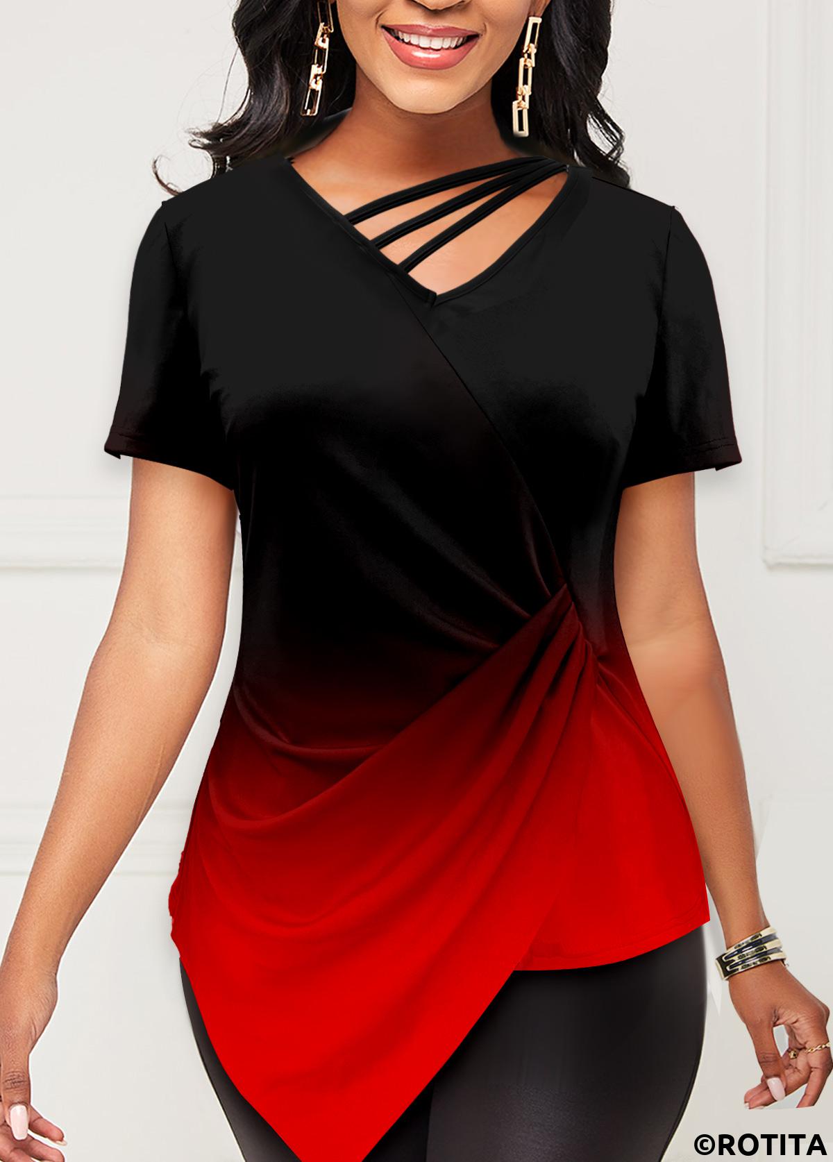 Red tops,Ombre tops,ROTITA Asymmetric Hem Red Short Sleeve T Shirt