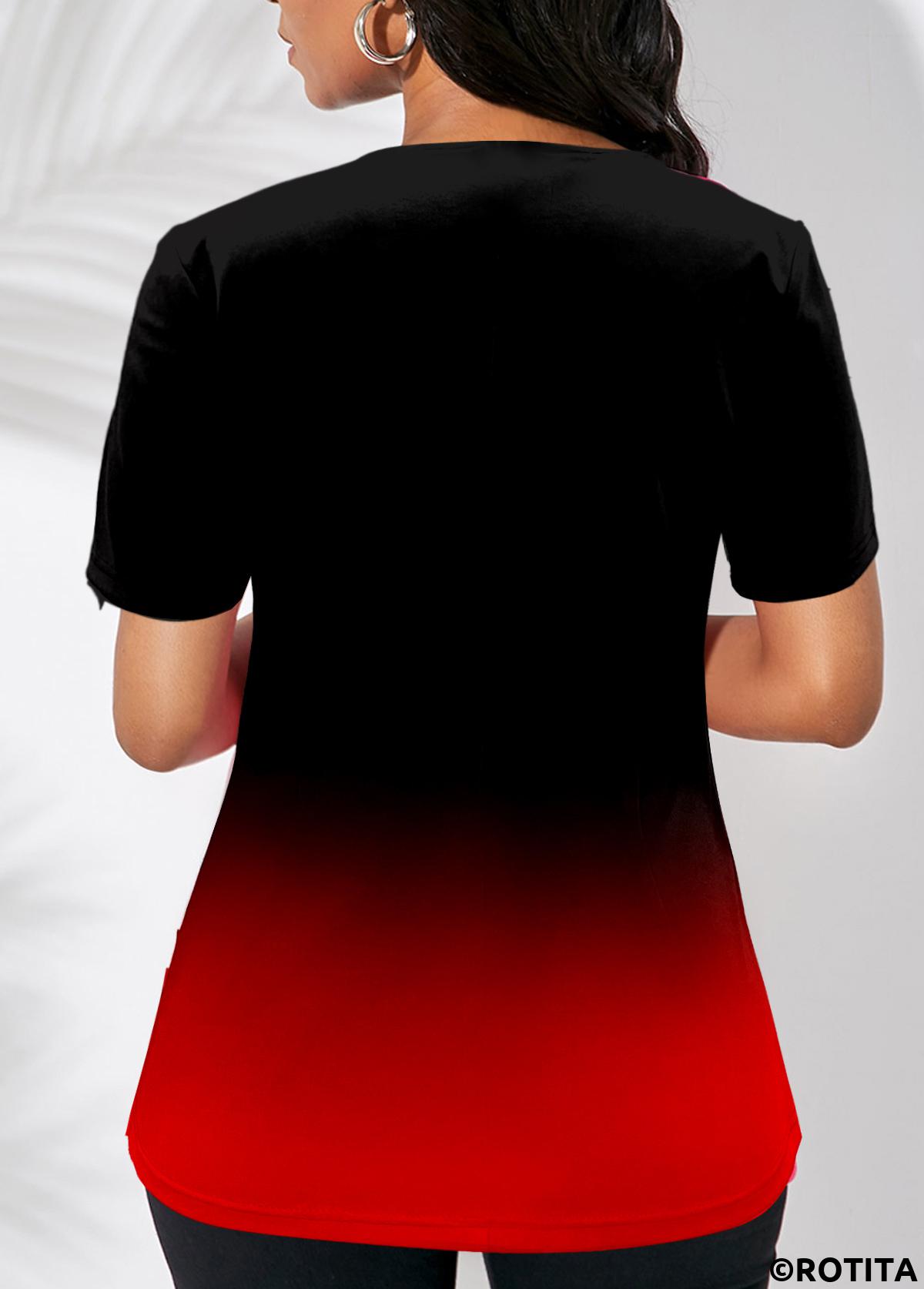 Red tops,Ombre tops,ROTITA Asymmetric Hem Red Short Sleeve T Shirt