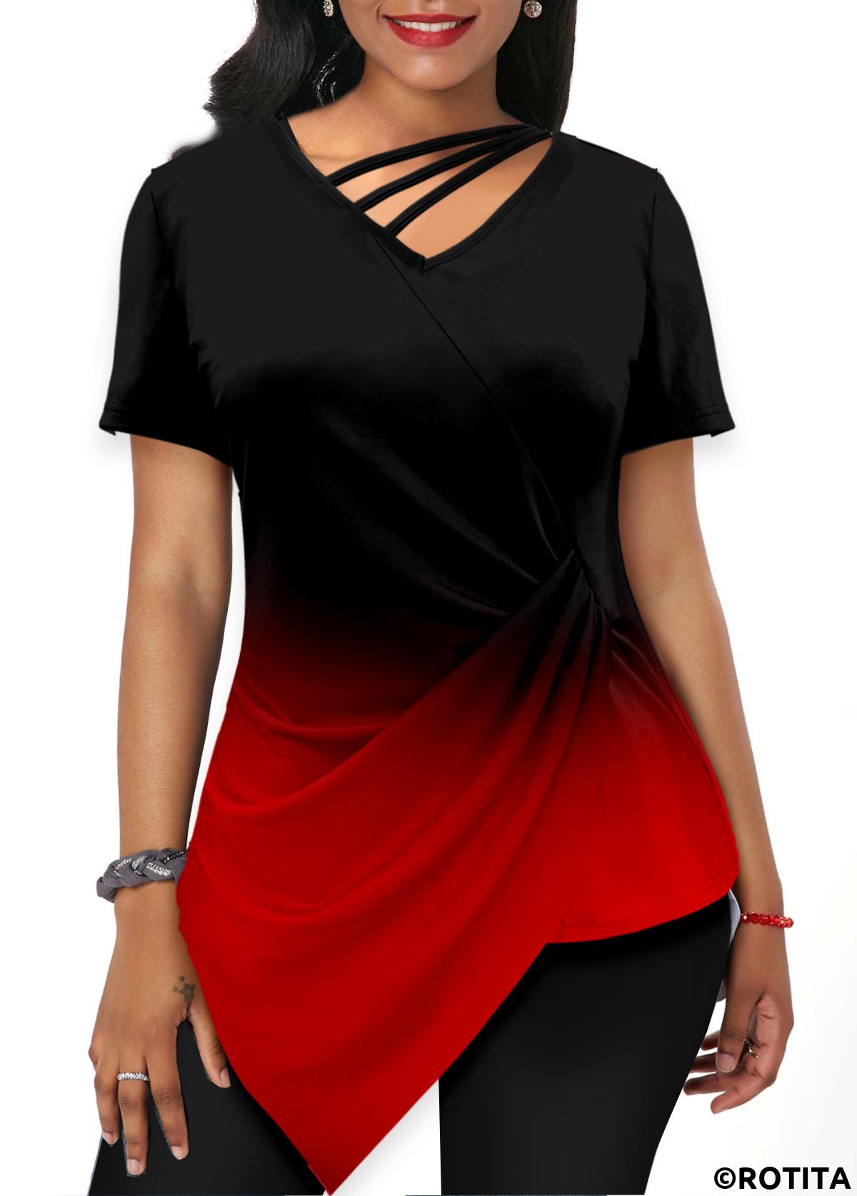 Red tops,Ombre tops,ROTITA Asymmetric Hem Red Short Sleeve T Shirt