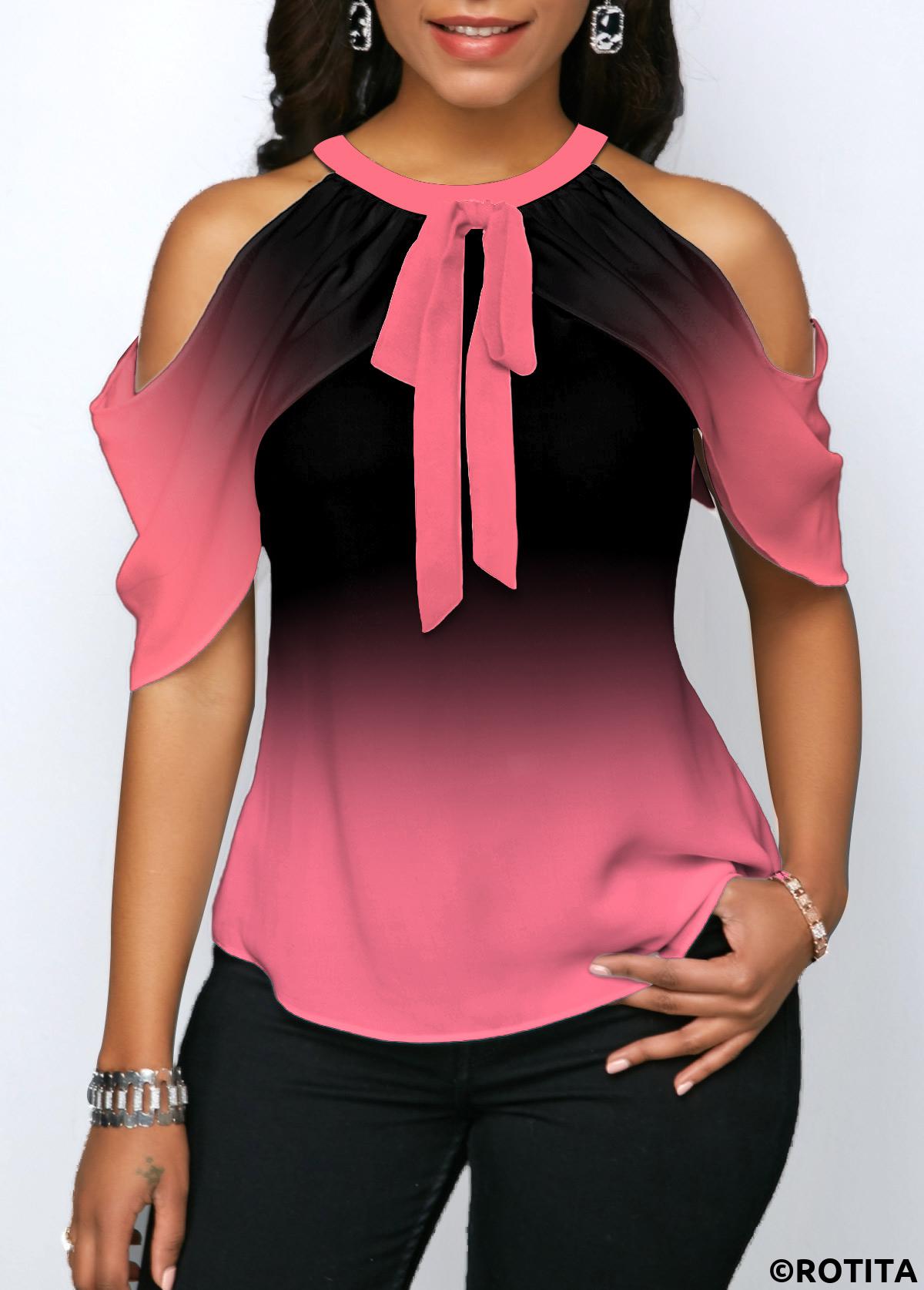 Rotita Pink Neckholder-Bluse zum Binden vorn und schulterfrei