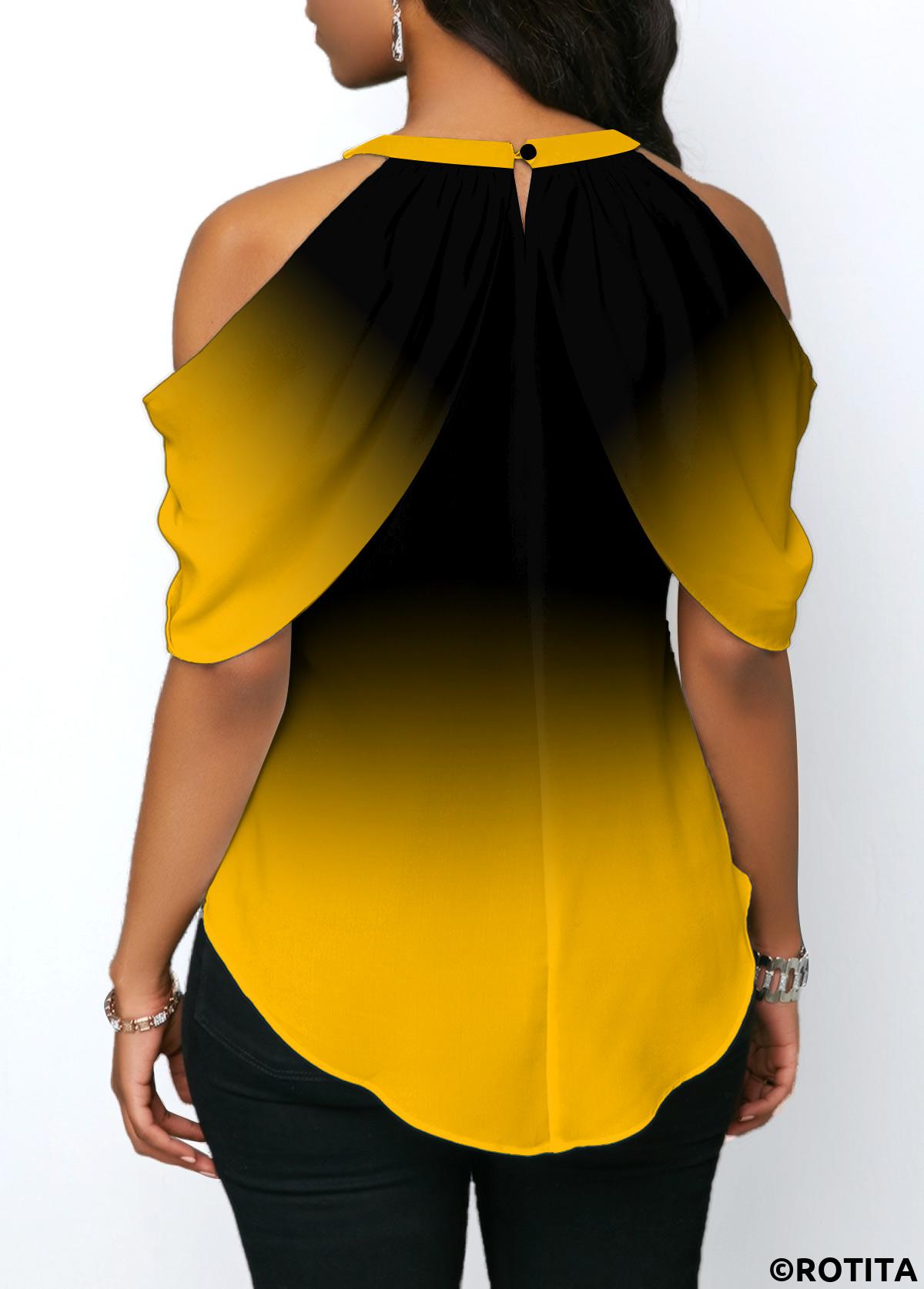 Yellow tops,Ombre tops,ROTITA Yellow Tie Front Halter Cold Shoulder Blouse
