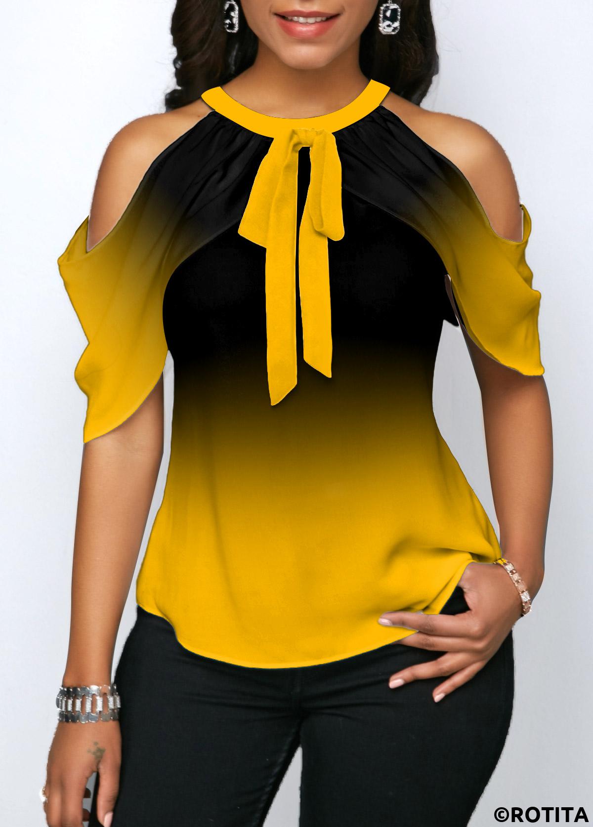 Yellow tops,Ombre tops,ROTITA Yellow Tie Front Halter Cold Shoulder Blouse