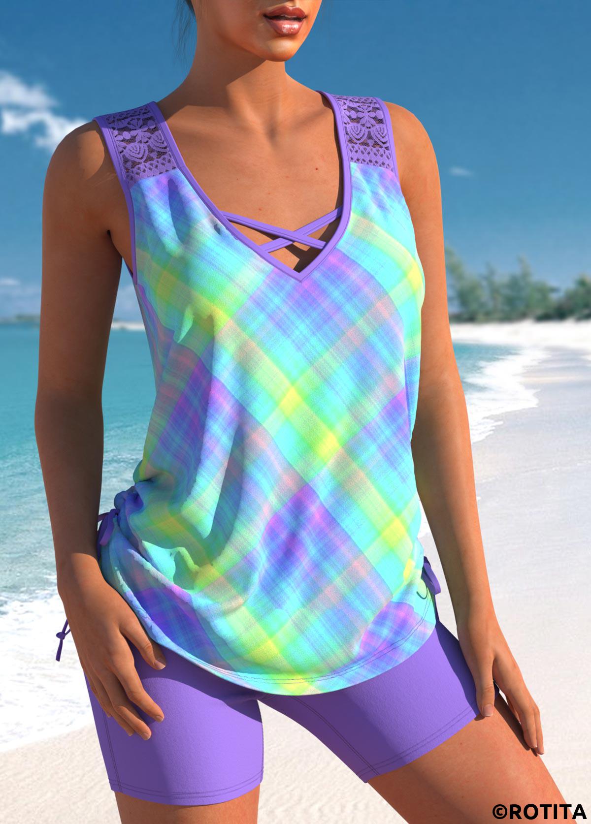 Light Purple swimwear,Plaid swimwear,ROTITA Lace Patchwork Ombre Light Purple Plaid Tankini Set