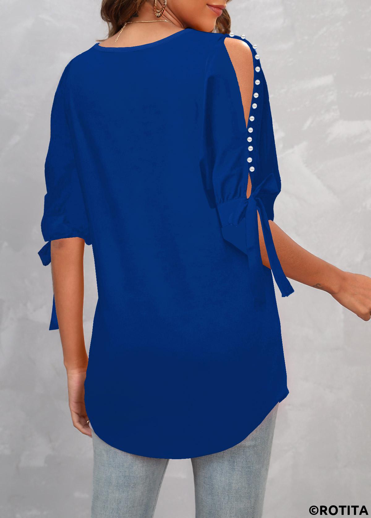 Dark Blue tops,Plain Color tops,ROTITA Pearl Design Dark Blue Cold Shoulder T Shirt