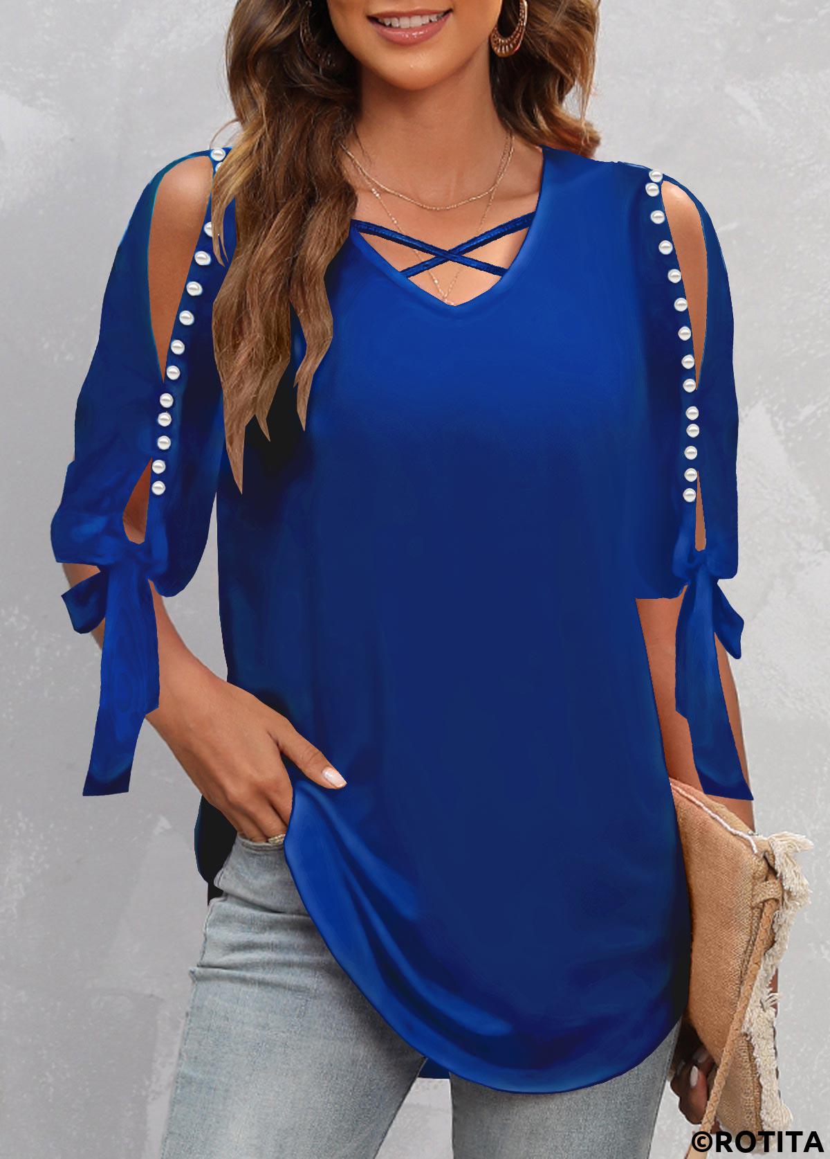 Dark Blue tops,Plain Color tops,ROTITA Pearl Design Dark Blue Cold Shoulder T Shirt