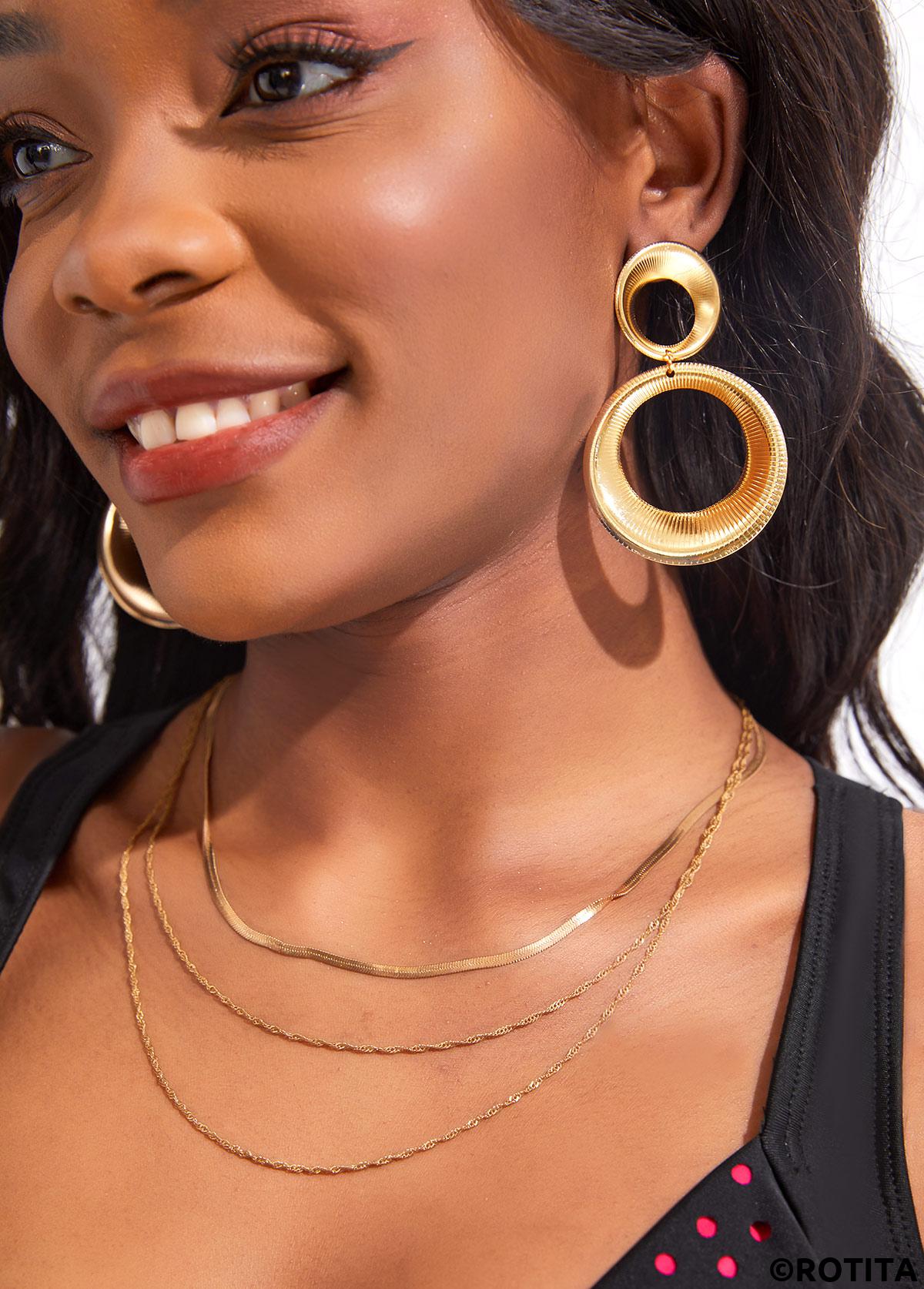 Gold jewelry,Gold Double Circle Design Metal Detail Earrings